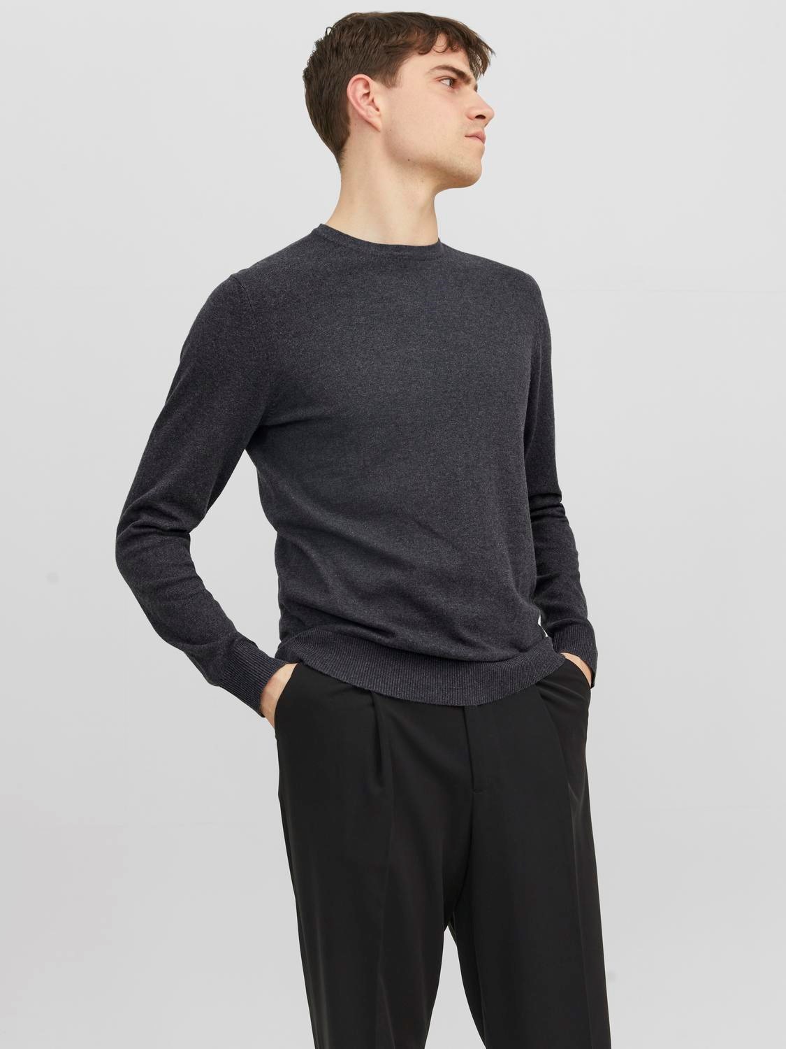 JACK & JONES Emil knit crew neck slim fit, heren pullover viscosemengsel met O-hals, donkergrijs melange