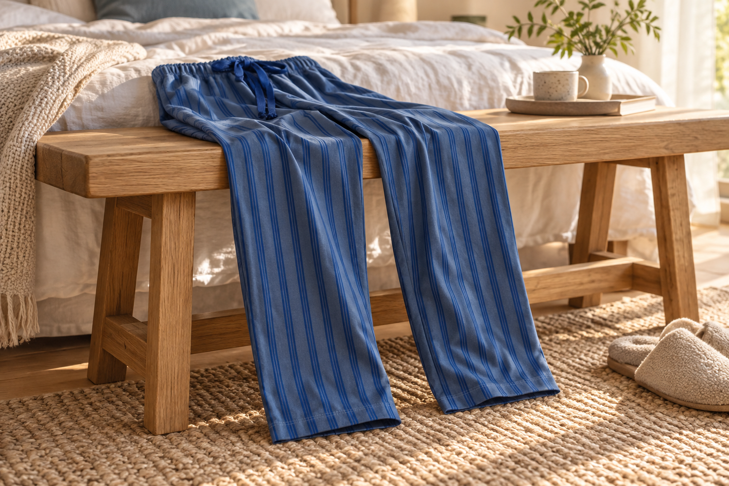 Blauw gestreepte pyjamabroek over een houten bank aan het voeteneind van een bed, met de open pijpuiteinden zichtbaar.