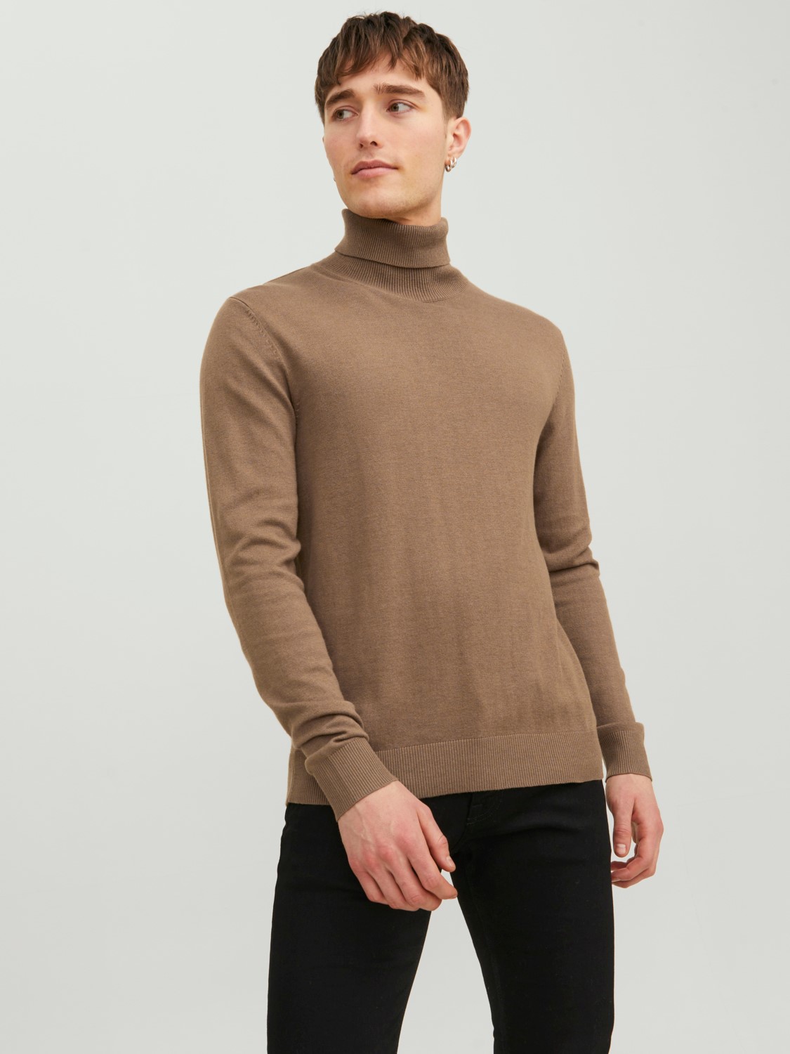 JACK & JONES Emil knit roll neck slim fit, heren pullover viscosemengsel met col, camel bruin