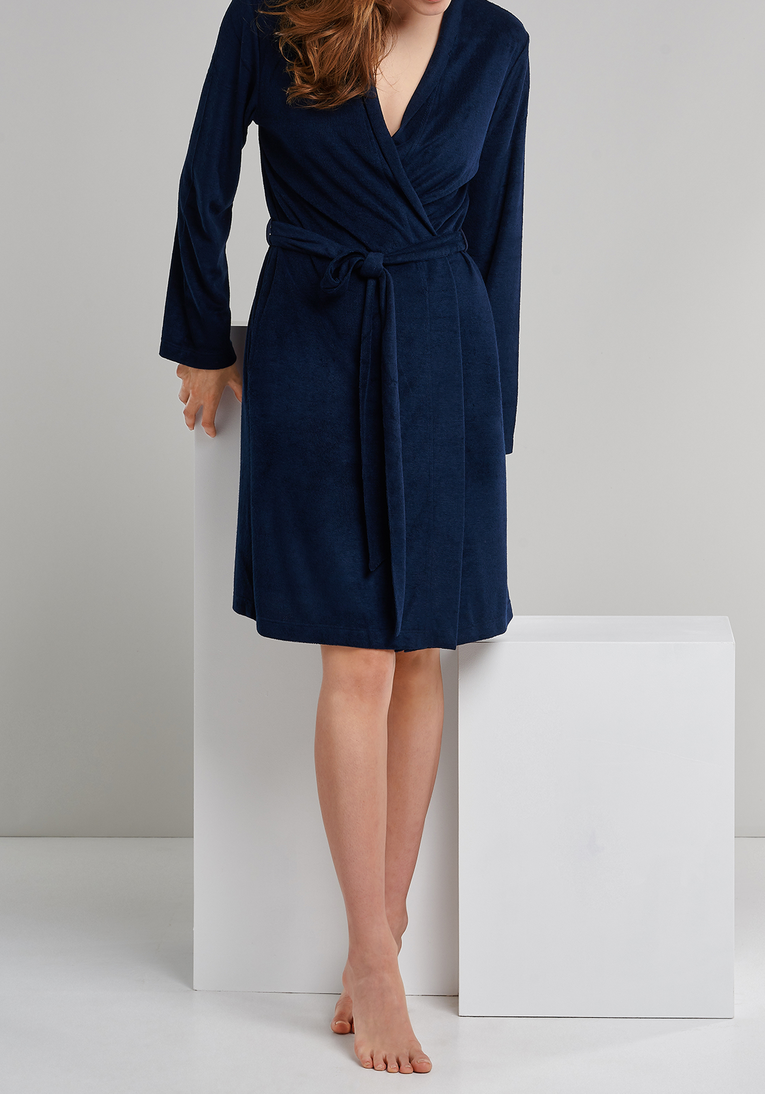 SCHIESSER dames badjas, kort model, dun badstof, donkerblauw