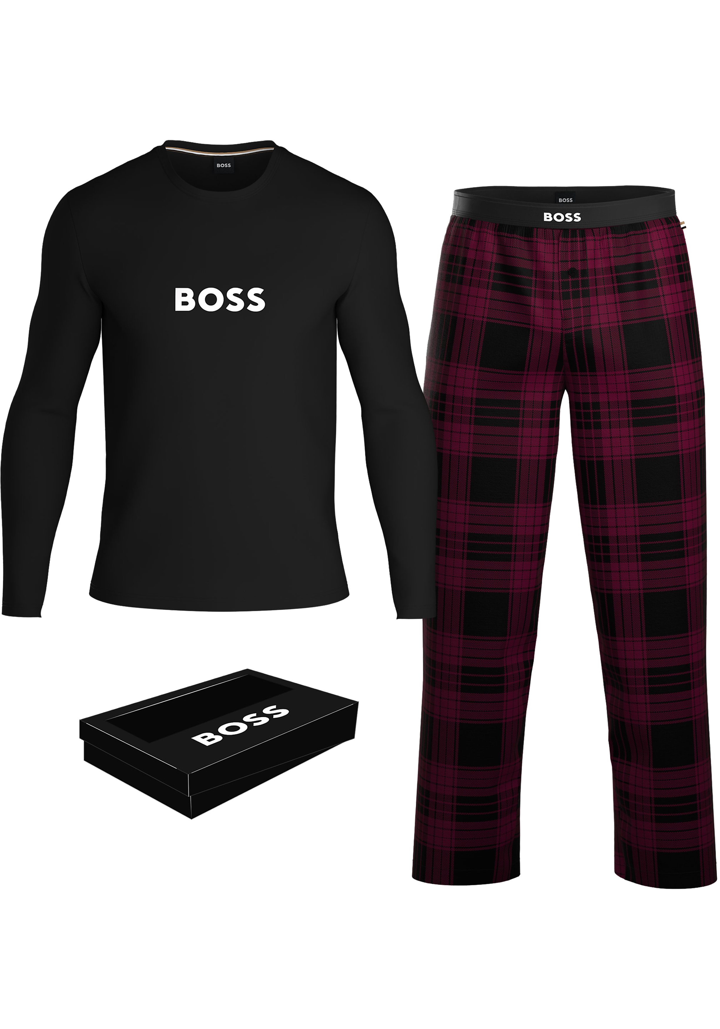 BOSS Easy Long Set, heren lounge set, zwart met donkerrood geruite broek