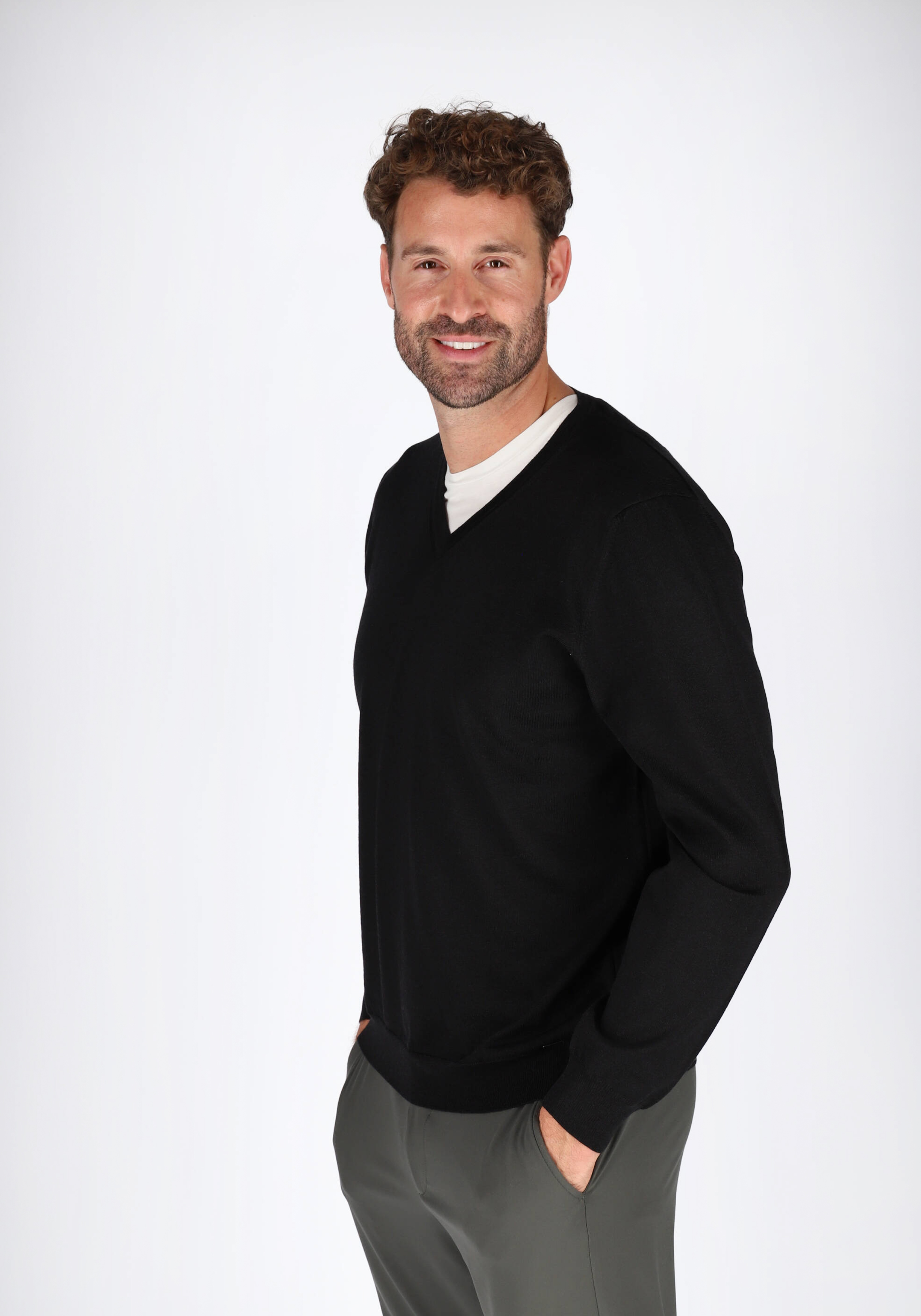 OLYMP modern fit trui wol, V-hals, zwart