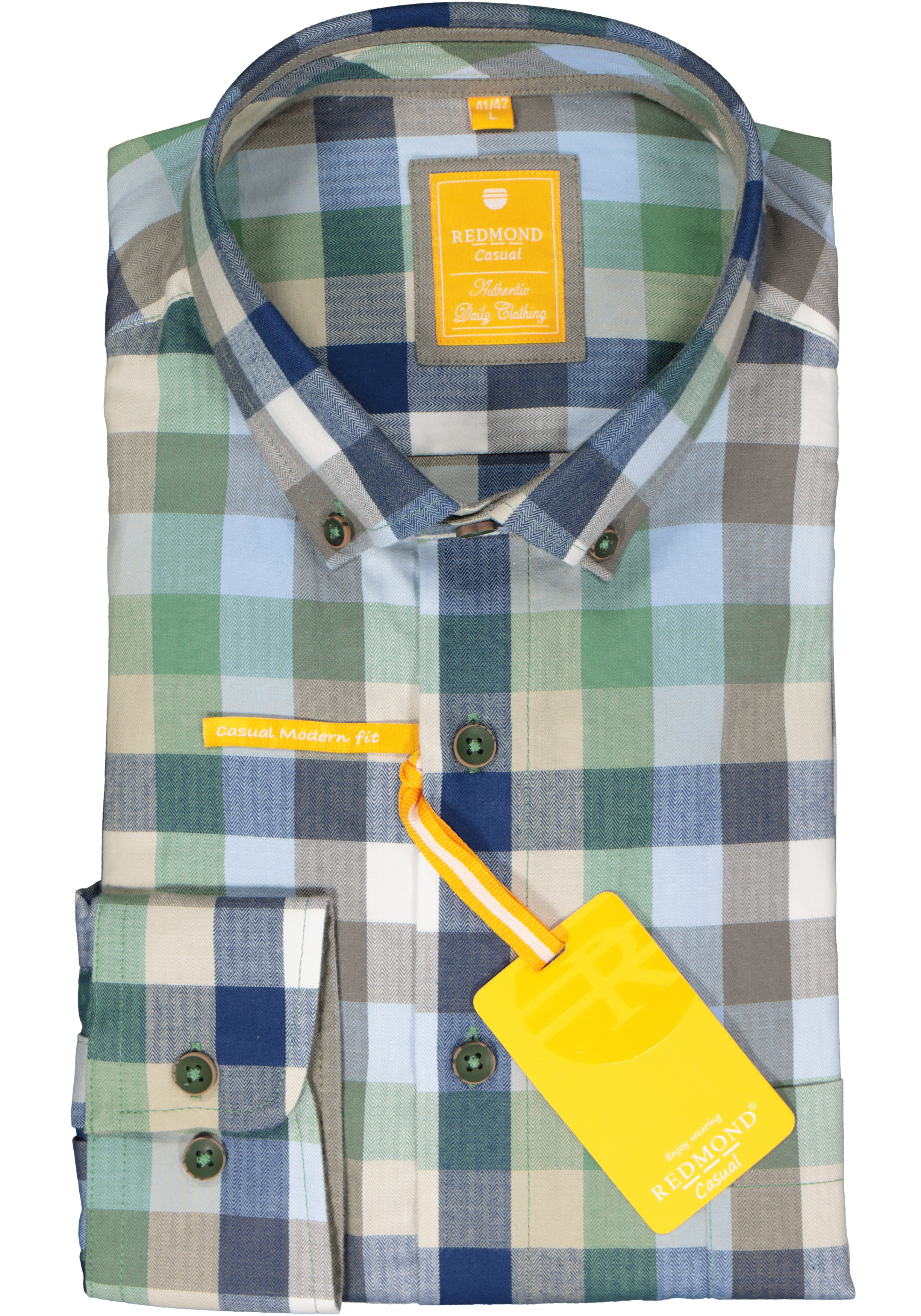 Redmond modern fit overhemd, herringbone, blauw met groen en wit geruit