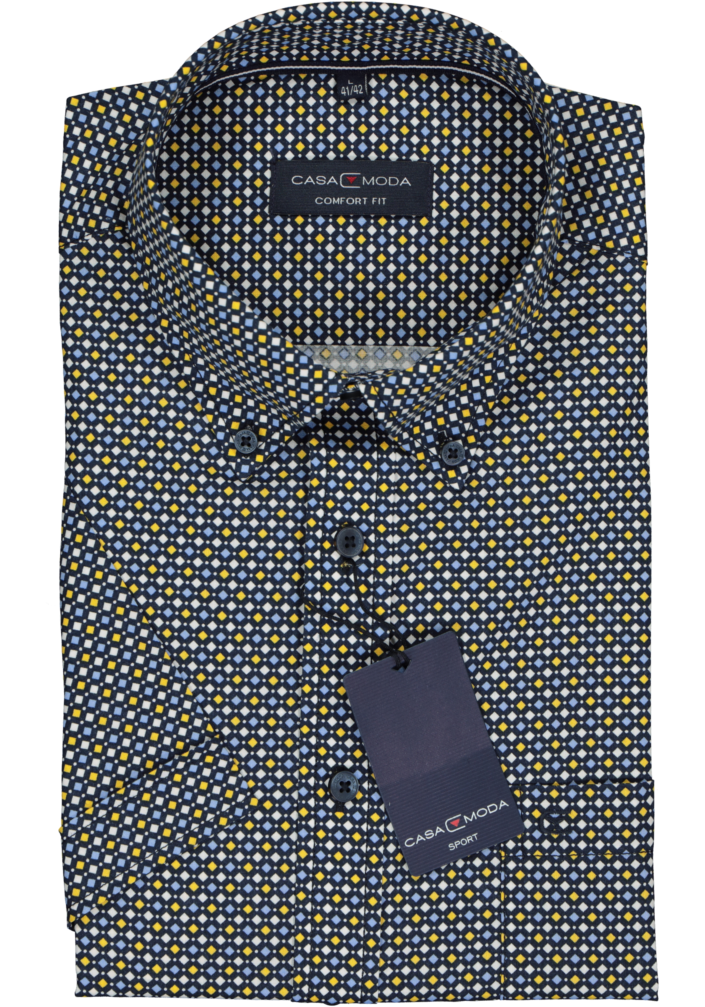 CASA MODA Sport comfort fit overhemd, korte mouw, blauw, wit en geel dessin