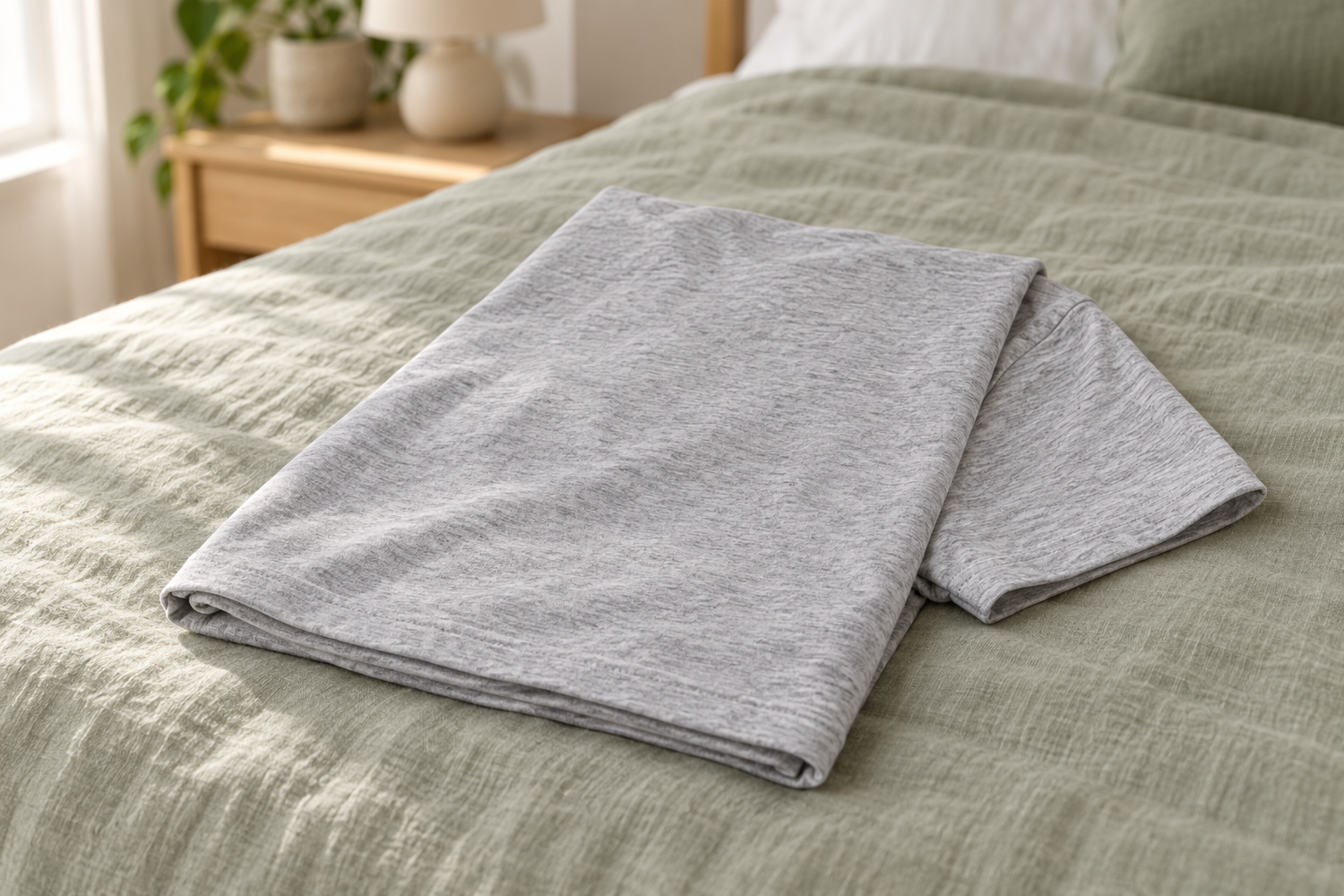 Gevouwen grijs gemêleerd pyjamashirt op een groene bedsprei.