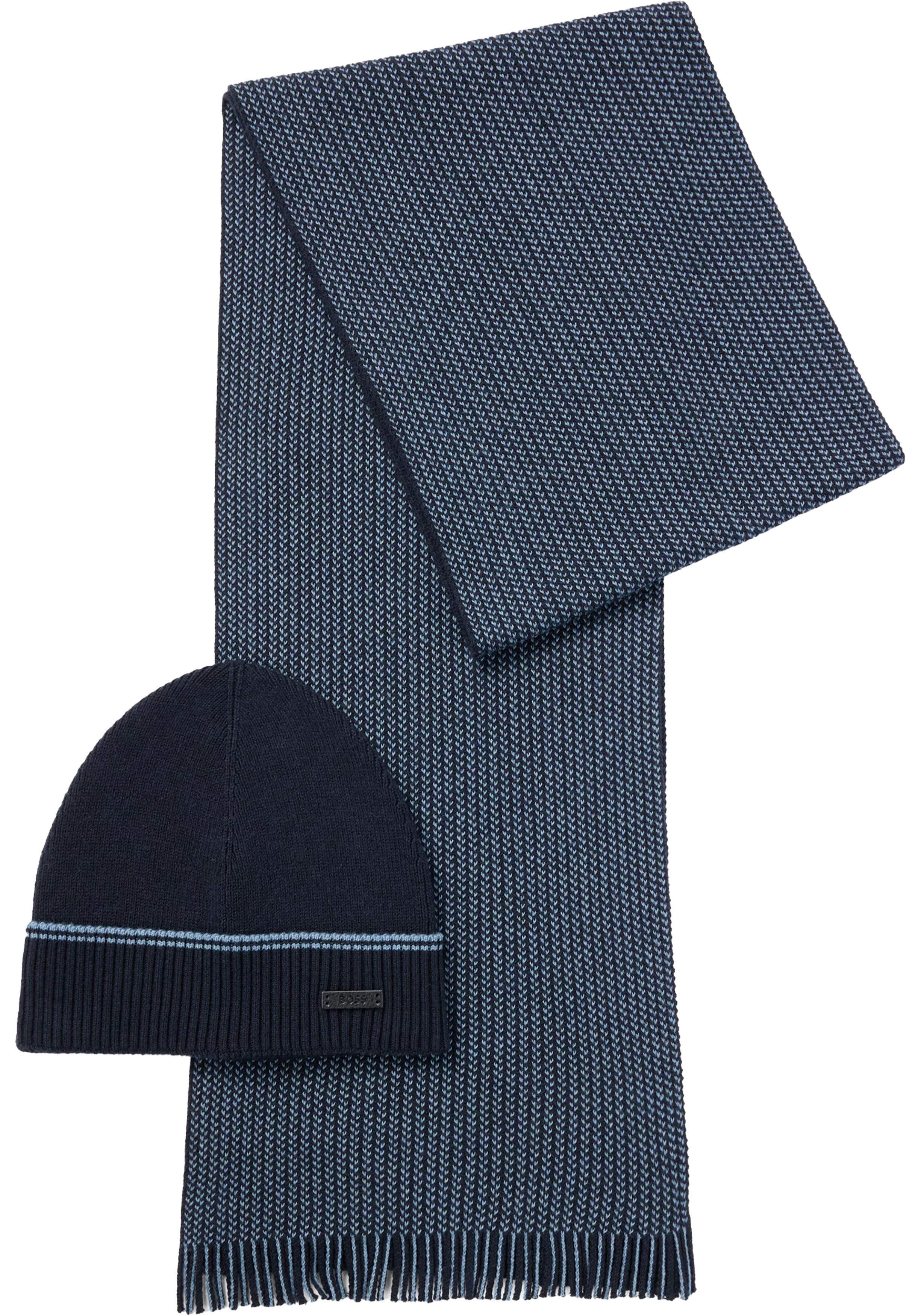 HUGO BOSS muts en sjaal katoen-wol, heren muts met omslag en gebreide sjaal, donkerblauw