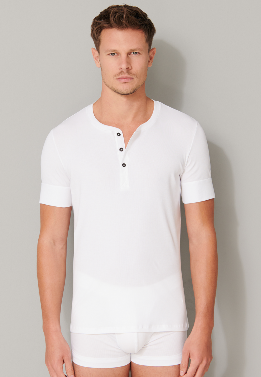 SCHIESSER Retro Rib T-shirt (1-pack), heren shirt korte mouwen dubbelrib biologisch katoen knoopsluiting wit