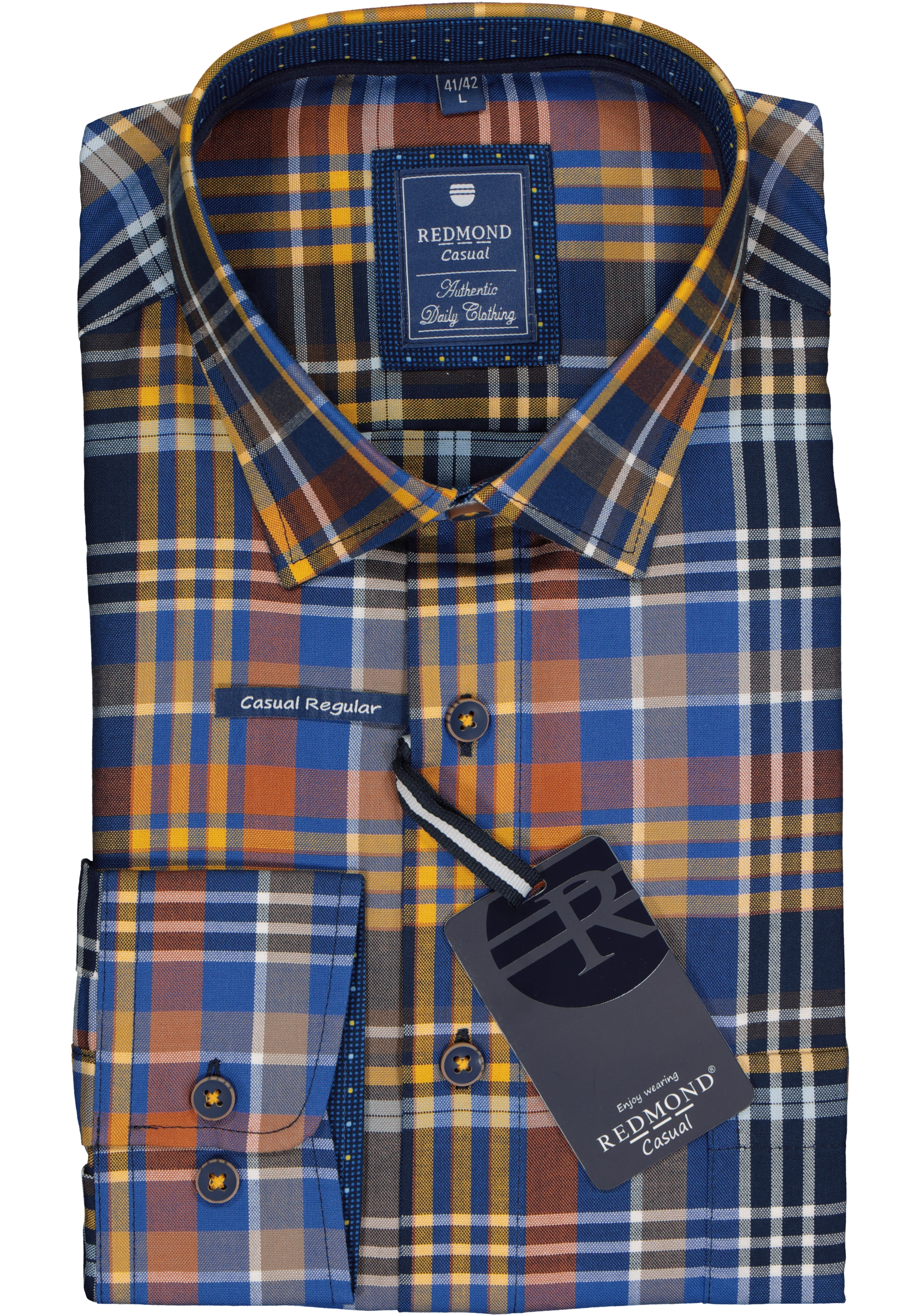 Redmond regular fit overhemd, Oxford, blauw met geel, bruin en wit geruit