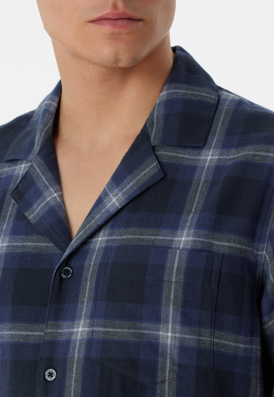 SCHIESSER Warming Nightwear pyjamaset, heren lange pyjama geweven stof biologisch katoen knoopsluiting geruit nachtblauw