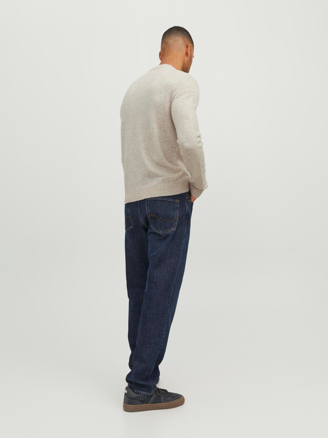 JACK & JONES Lambswool knit crew neck slim fit, heren pullover wol met O-hals, zandkleur melange