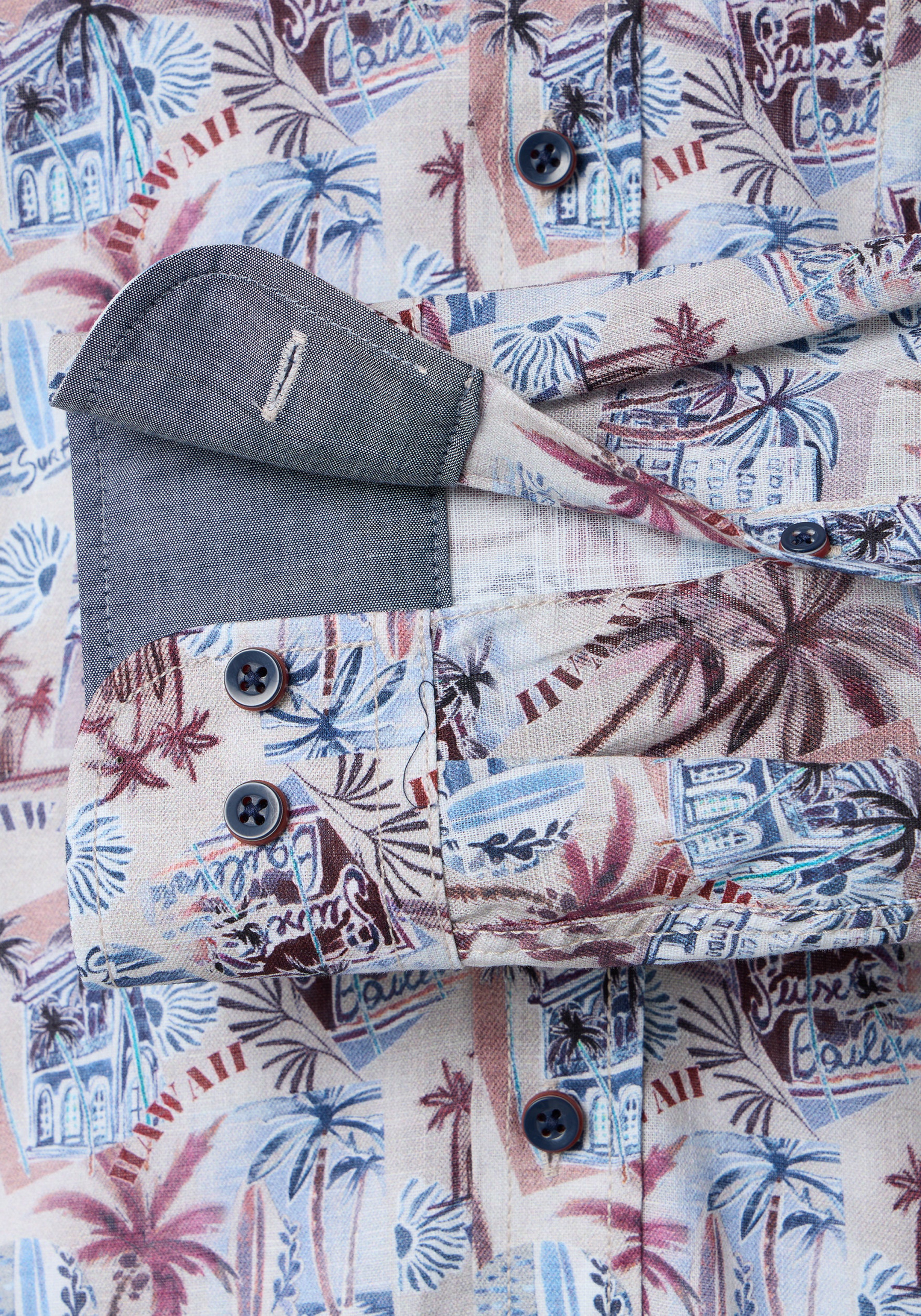 CASA MODA Sport casual fit overhemd, popeline, beige met blauw wit en donkerrood dessin