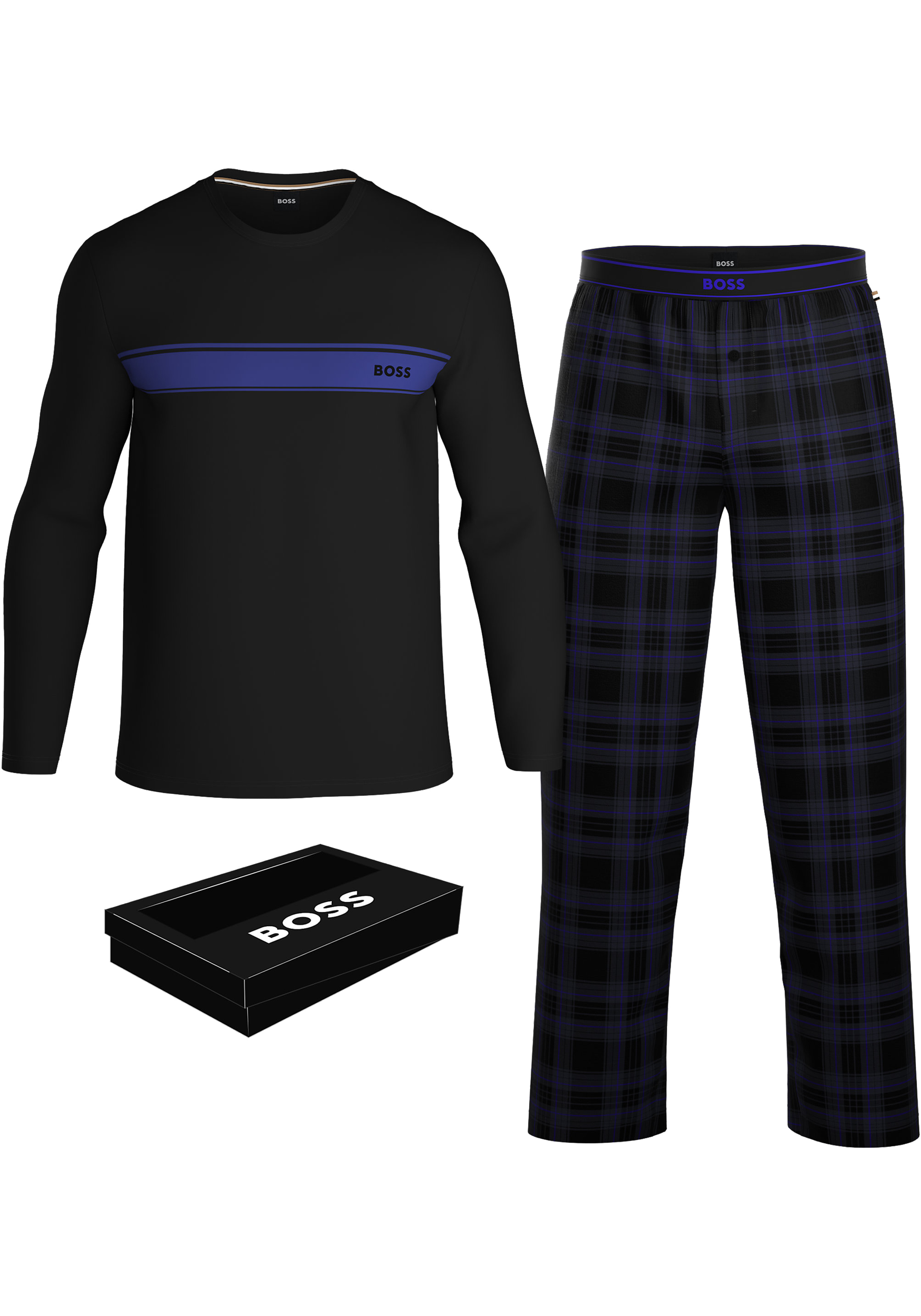 BOSS Urban Long Set, heren lounge set, zwart met kobalt blauw geruit