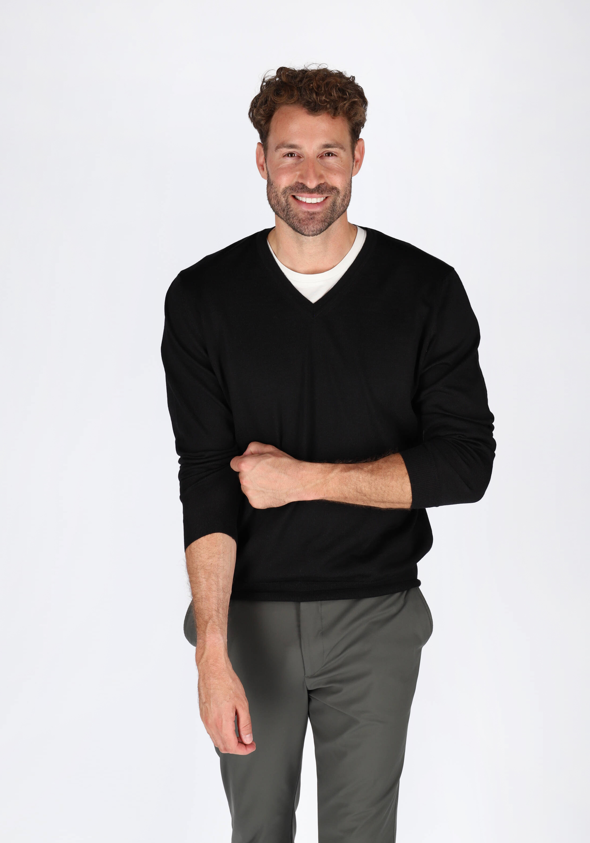 OLYMP modern fit trui wol, V-hals, zwart