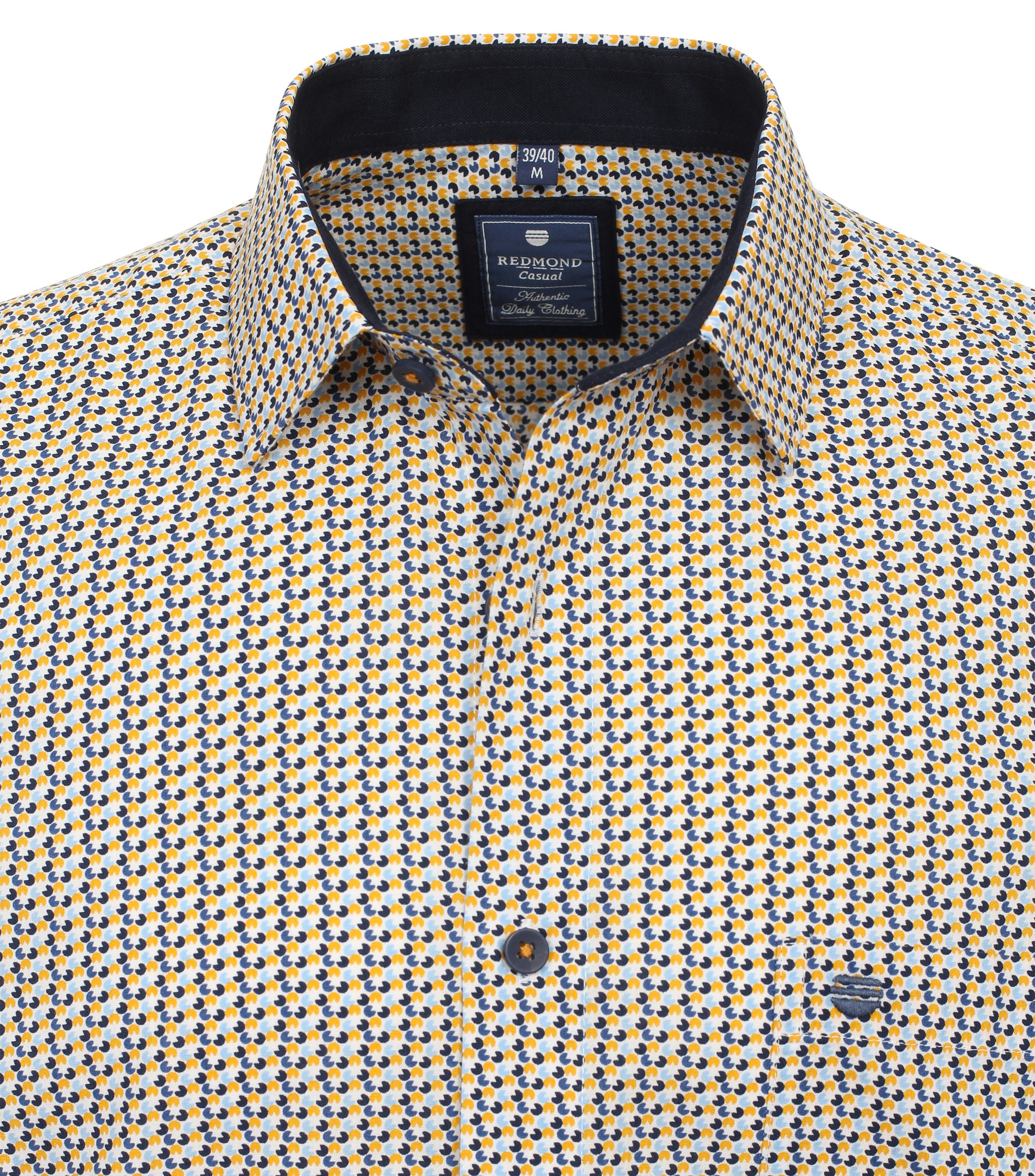Redmond comfort fit overhemd, popeline, wit met geel en blauw dessin