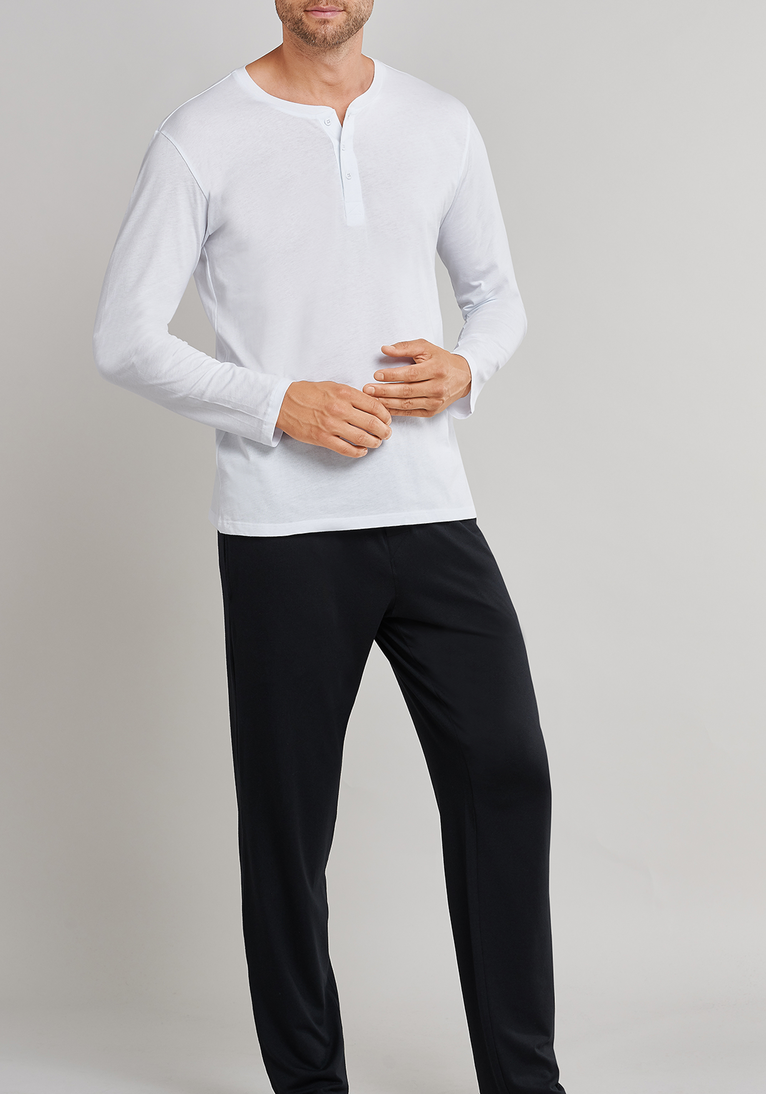 SCHIESSER Mix+Relax T-shirt, lange mouw O-hals met knoopjes, wit