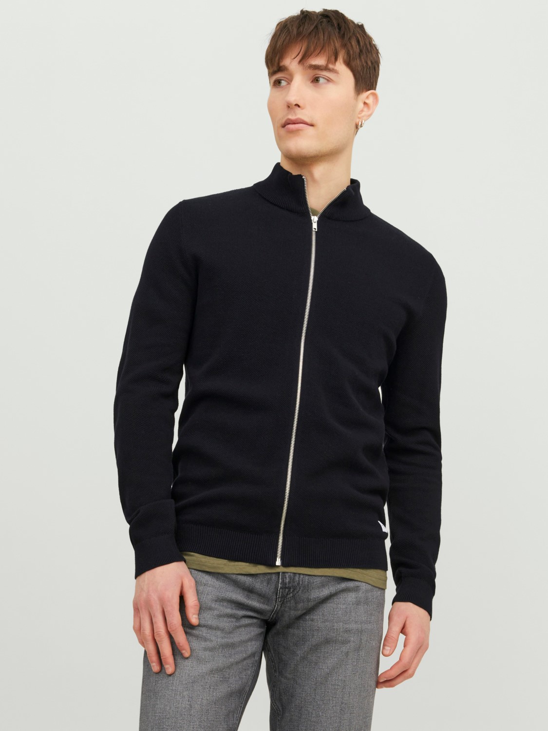 JACK & JONES Hill knit turtle zip cardigan slim fit, heren vest katoen met turtleneck, zwart