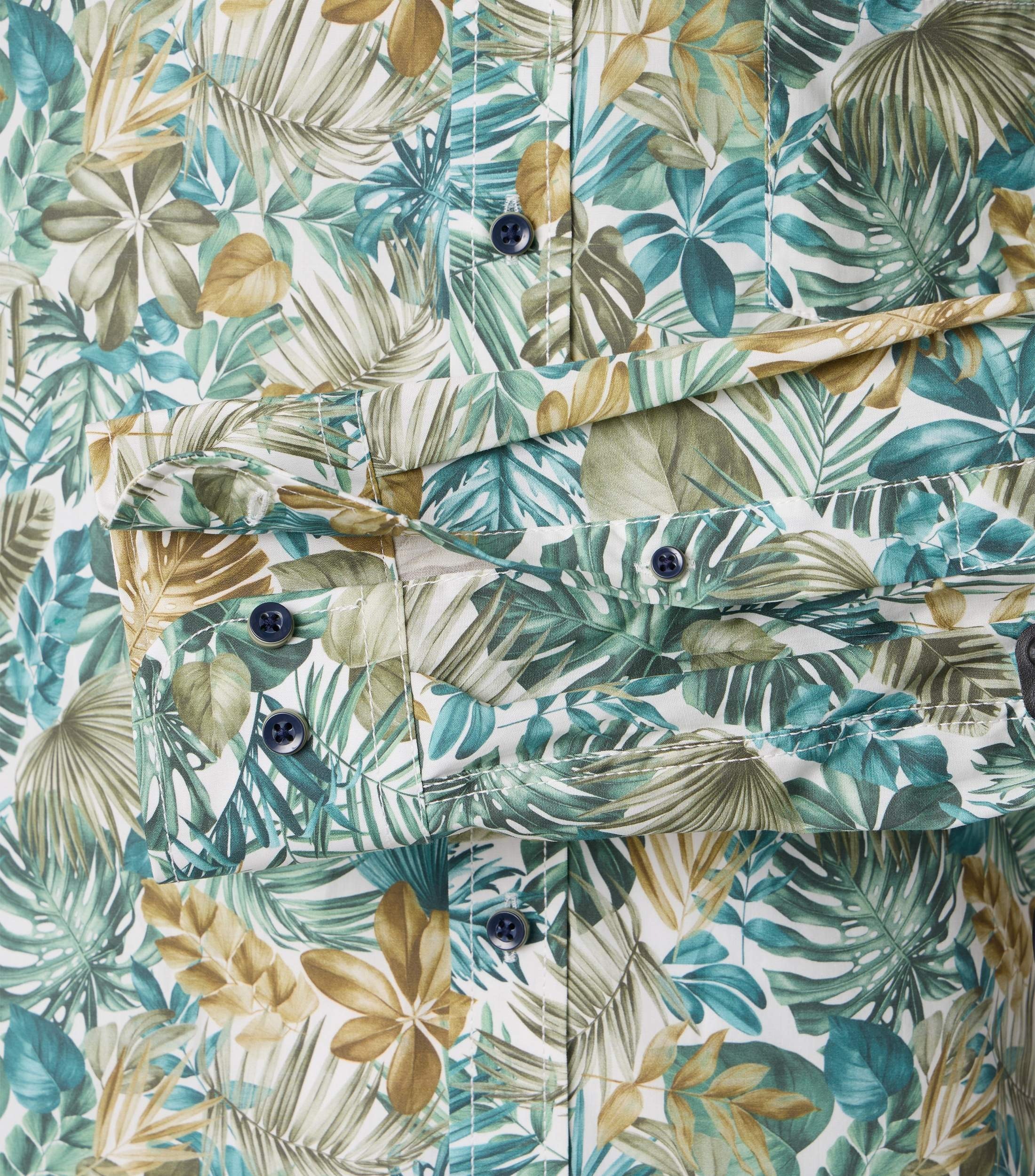 CASA MODA Sport casual fit overhemd, popeline, wit met groen en aqua bladeren dessin