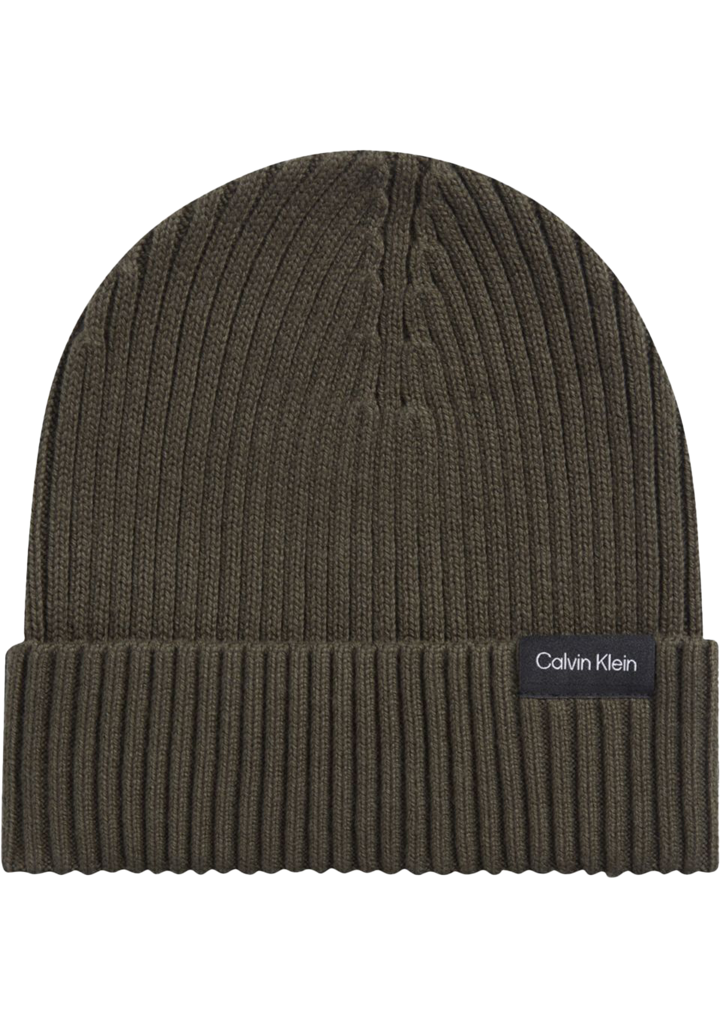 Calvin Klein muts, classic cotton rib beanie, donker olijfgroen