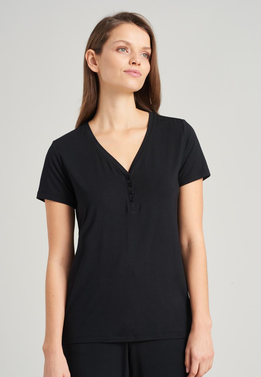 SCHIESSER Mix+Relax T-shirt, dames shirt korte mouw henley knoopsluiting zwart