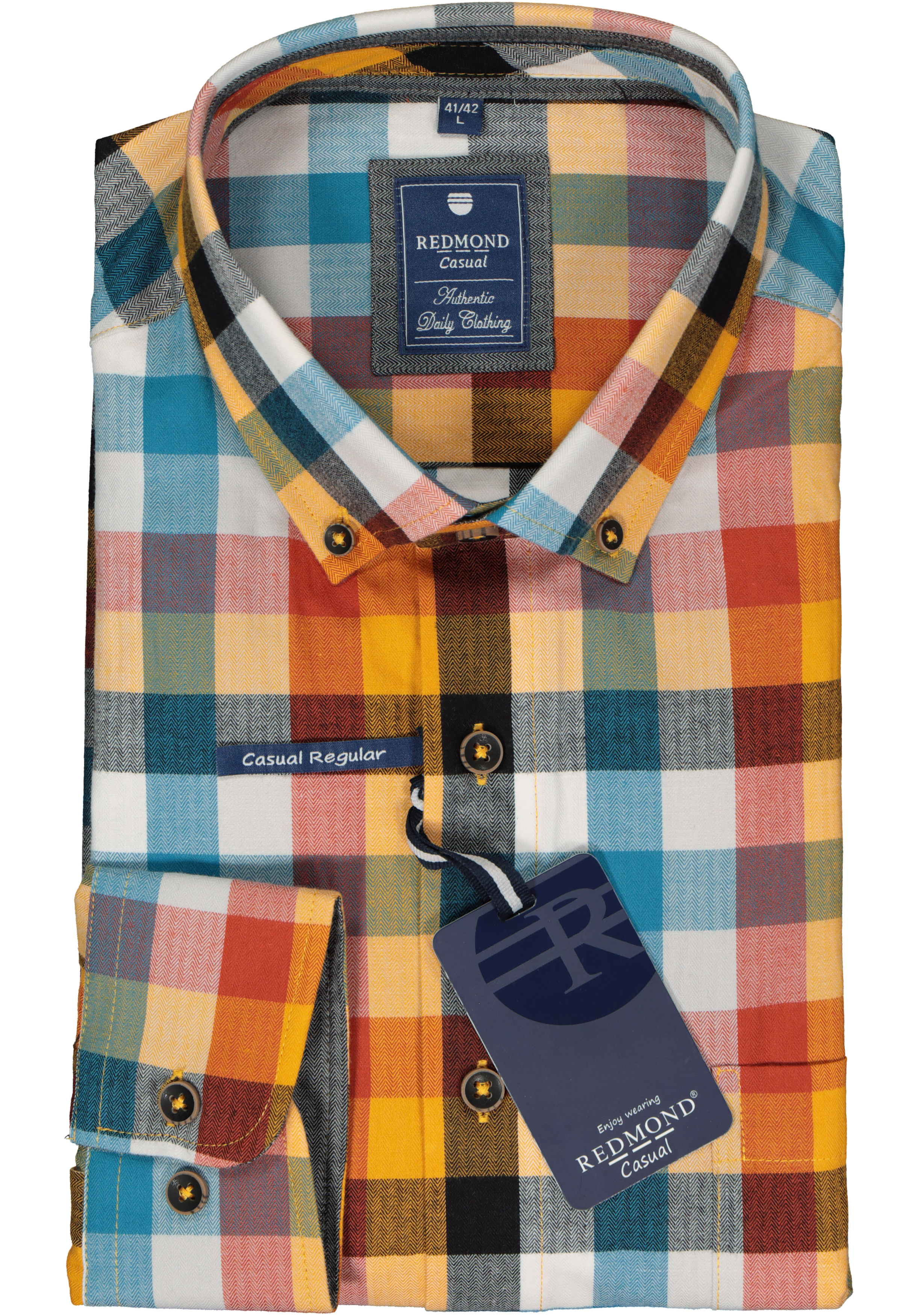 Redmond regular fit overhemd, herringbone, blauw, rood, geel en petrol geruit