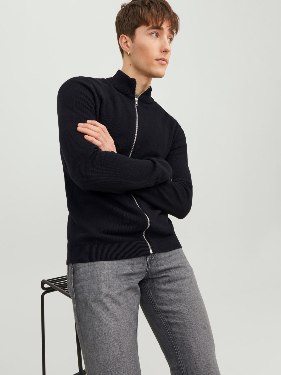 JACK & JONES Hill knit turtle zip cardigan slim fit, heren vest katoen met turtleneck, zwart