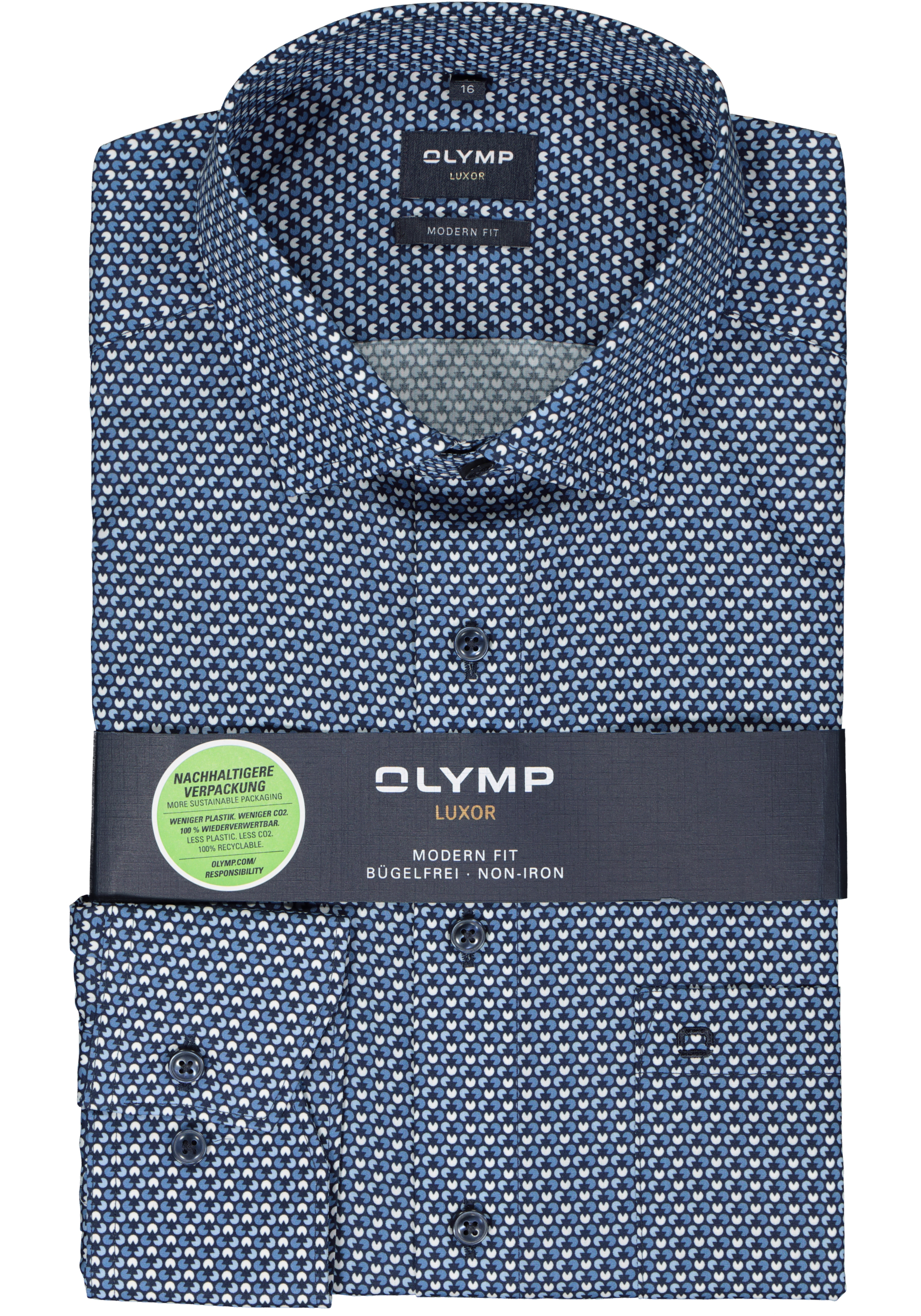 OLYMP modern fit overhemd, popeline, blauw met wit dessin