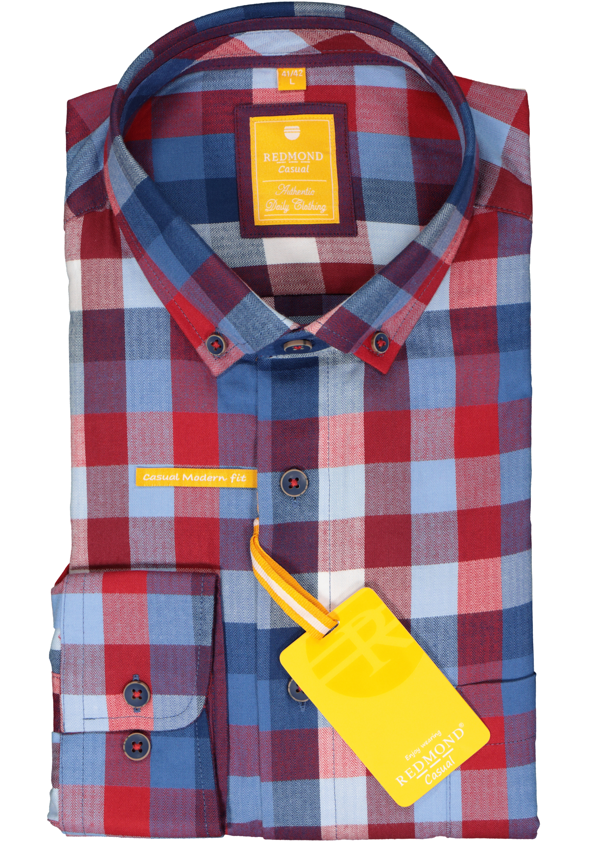 Redmond modern fit overhemd, herringbone, blauw met rood en wit geruit