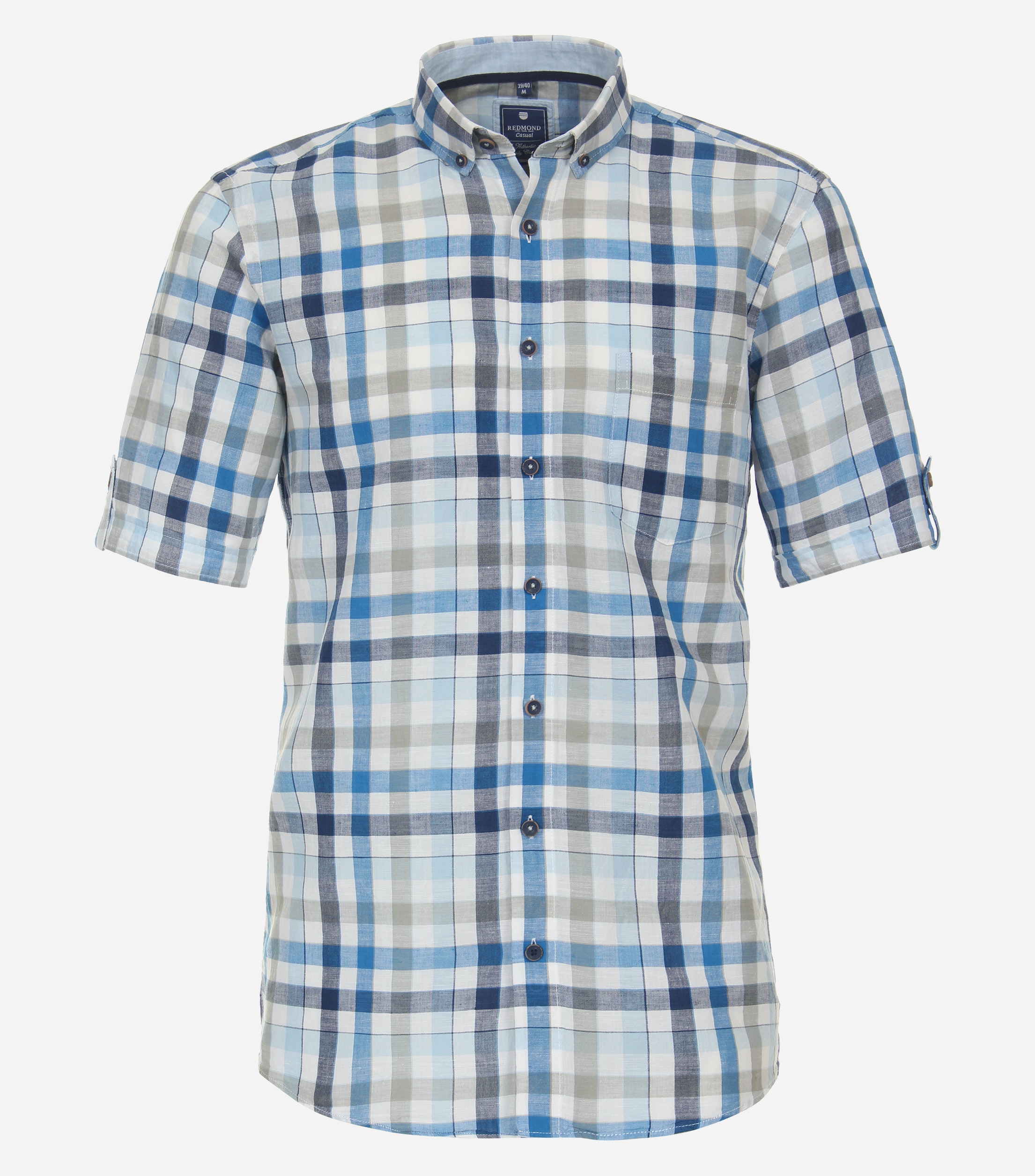 Redmond comfort fit overhemd, korte mouw, popeline, blauw geruit