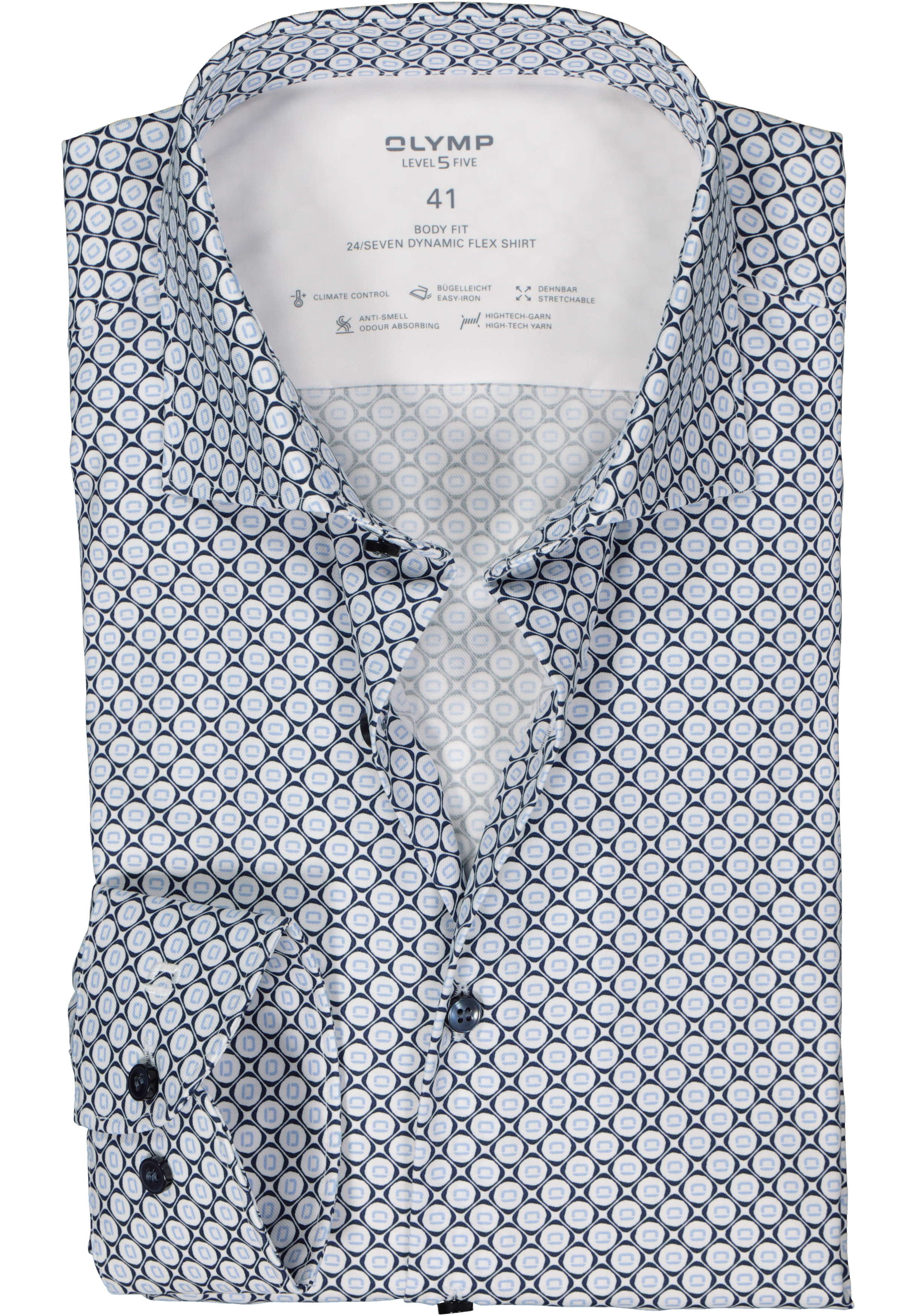 OLYMP 24/7 Level 5 body fit overhemd, mouwlengte 7, twill, blauw met wit dessin