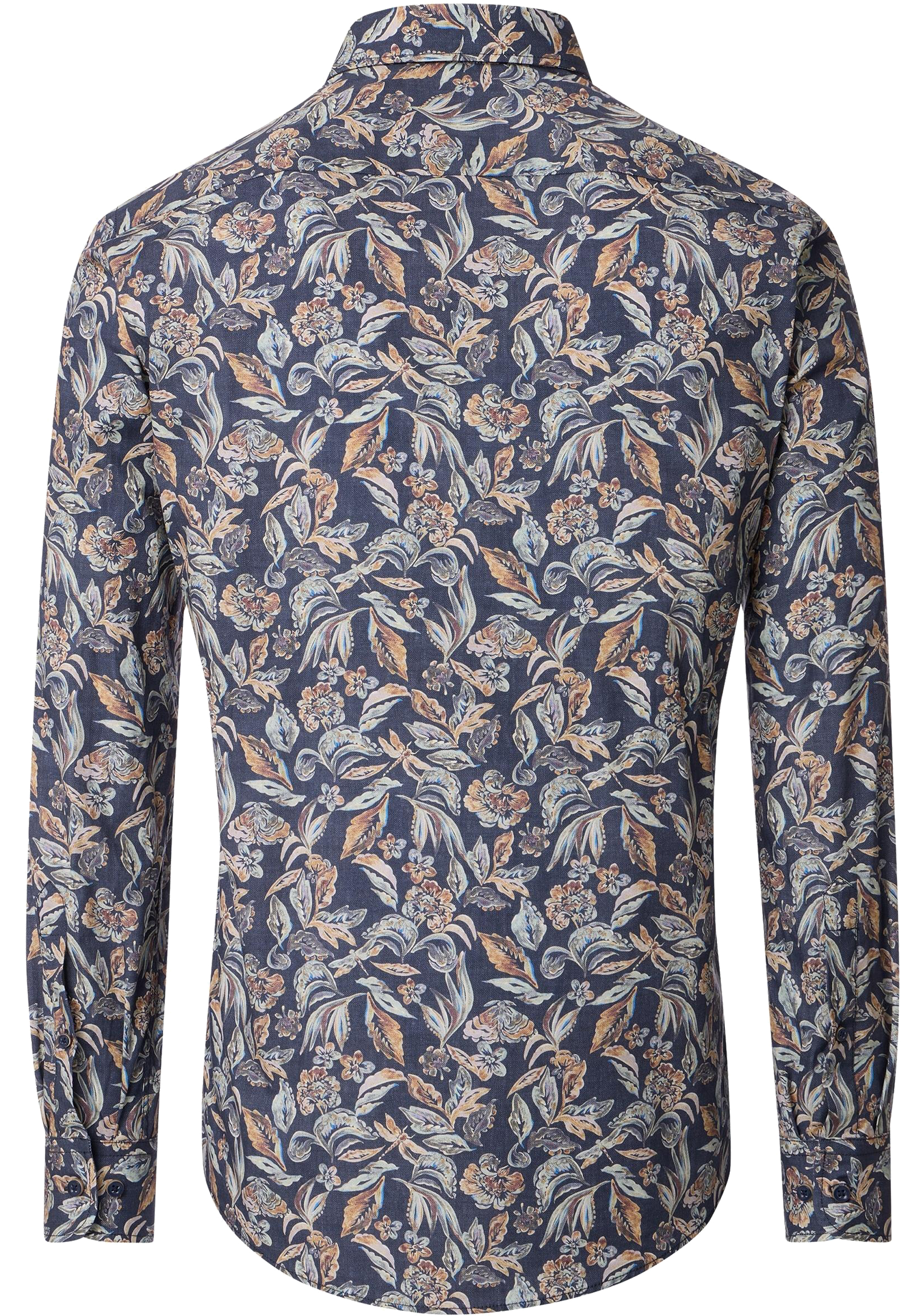 CASA MODA Sport casual fit overhemd, popeline, donkerblauw met beige bloemen dessin
