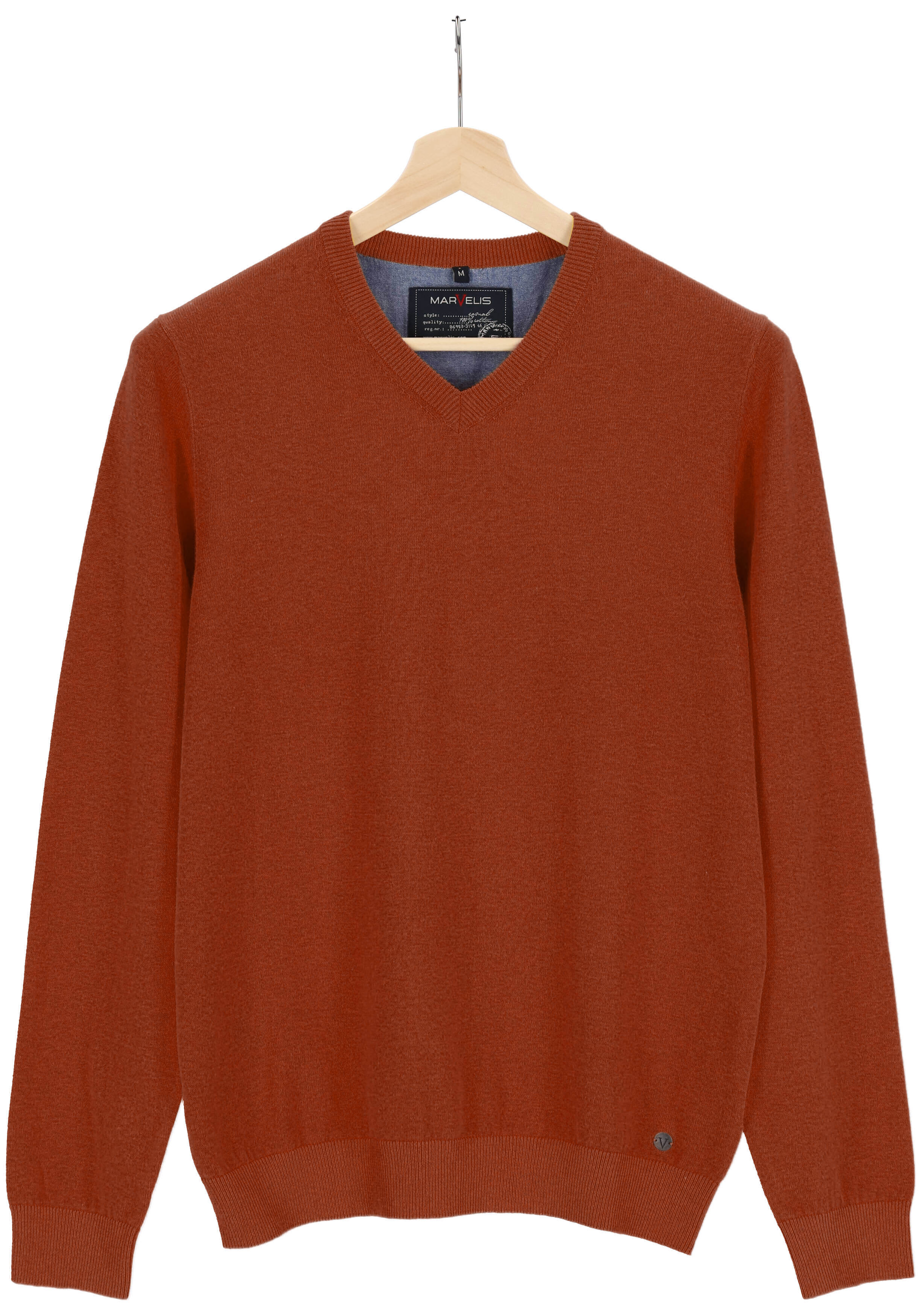 MARVELIS modern fit trui katoen, V-hals, roestbruin