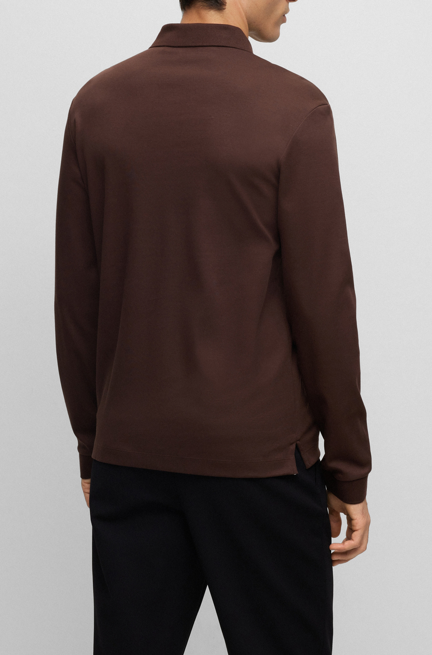 BOSS Pado regular fit polo lange mouw, jersey, donkerbruin