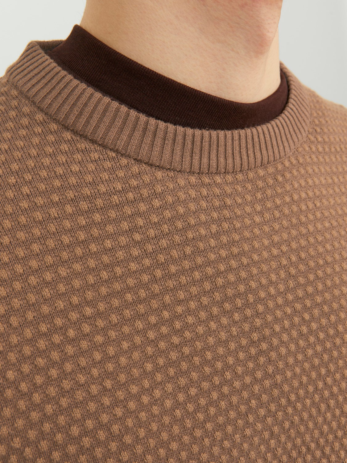 JACK & JONES Atlas knit crew neck slim fit, heren pullover katoen met O-hals, camel bruin melange