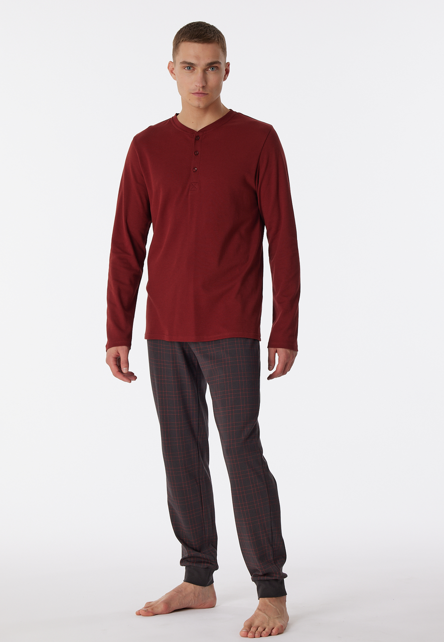 SCHIESSER Fine Interlock pyjamaset, heren pyjama lang interlock manchetten knoopsluiting geruit terracotta