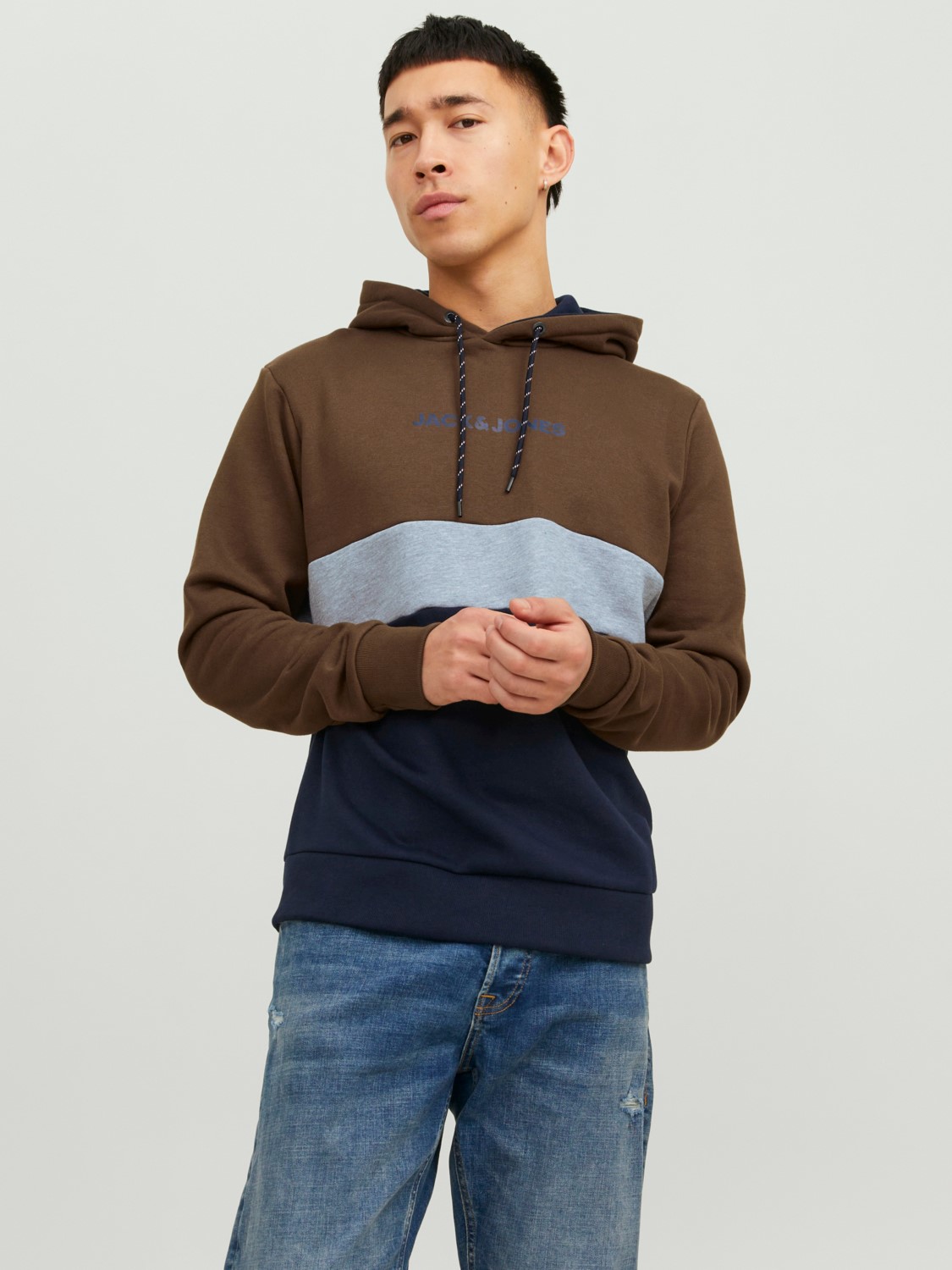 JACK & JONES Reid blocking sweat hood regular fit, heren hoodie katoenmengsel met capuchon, camel bruin