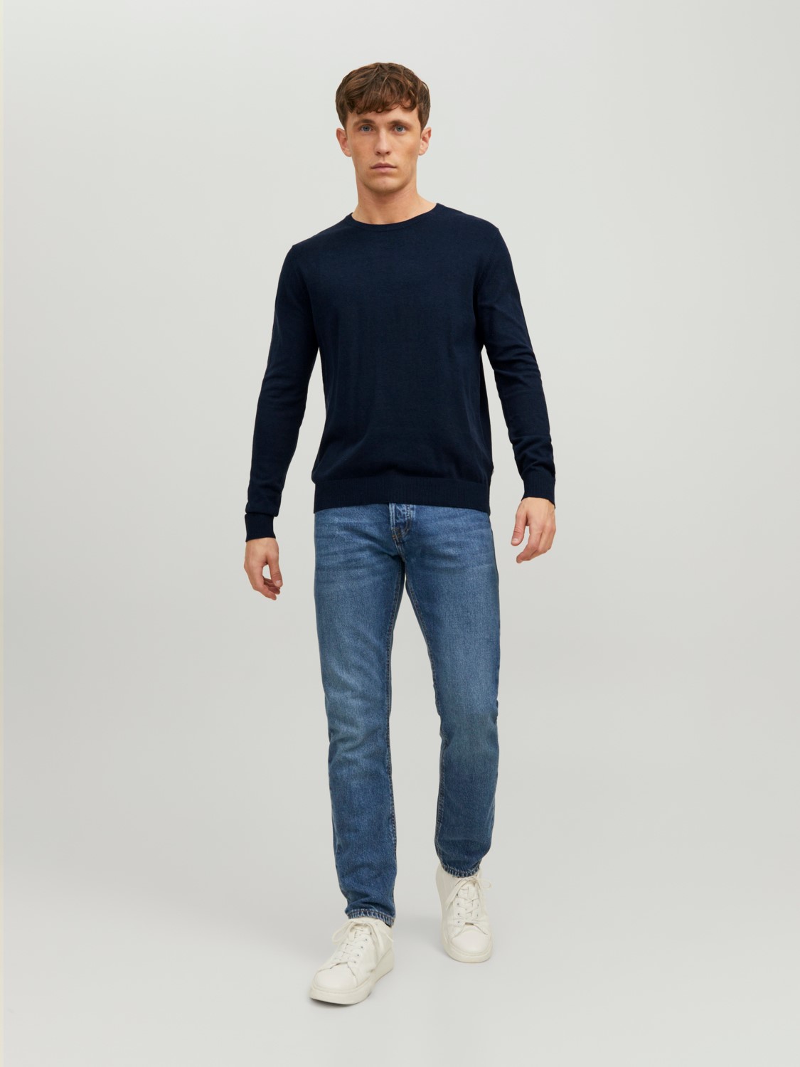 JACK & JONES Emil knit crew neck slim fit, heren pullover viscosemengsel met O-hals, blauw