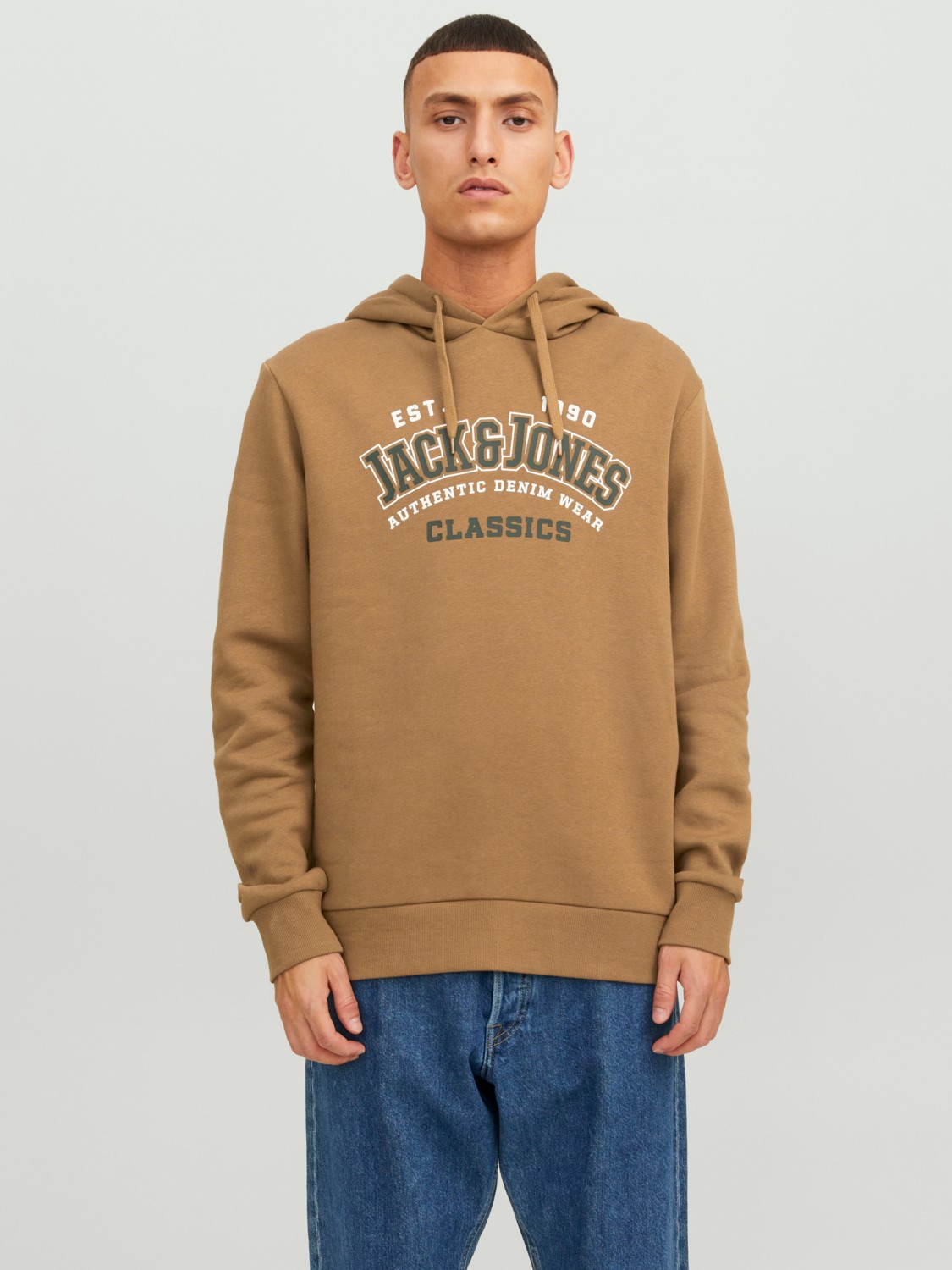 JACK & JONES Logo sweat hood regular fit, heren hoodie katoenmengsel met capuchon, camel bruin