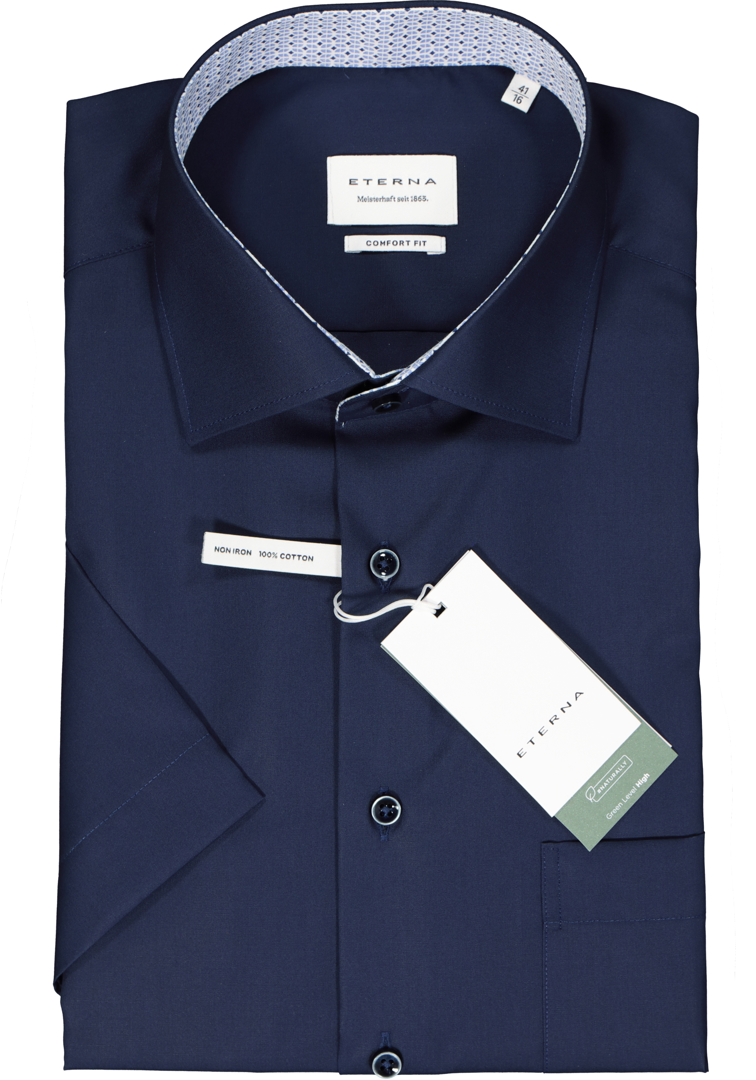 ETERNA comfort fit overhemd korte mouw, popeline, donkerblauw (contrast)