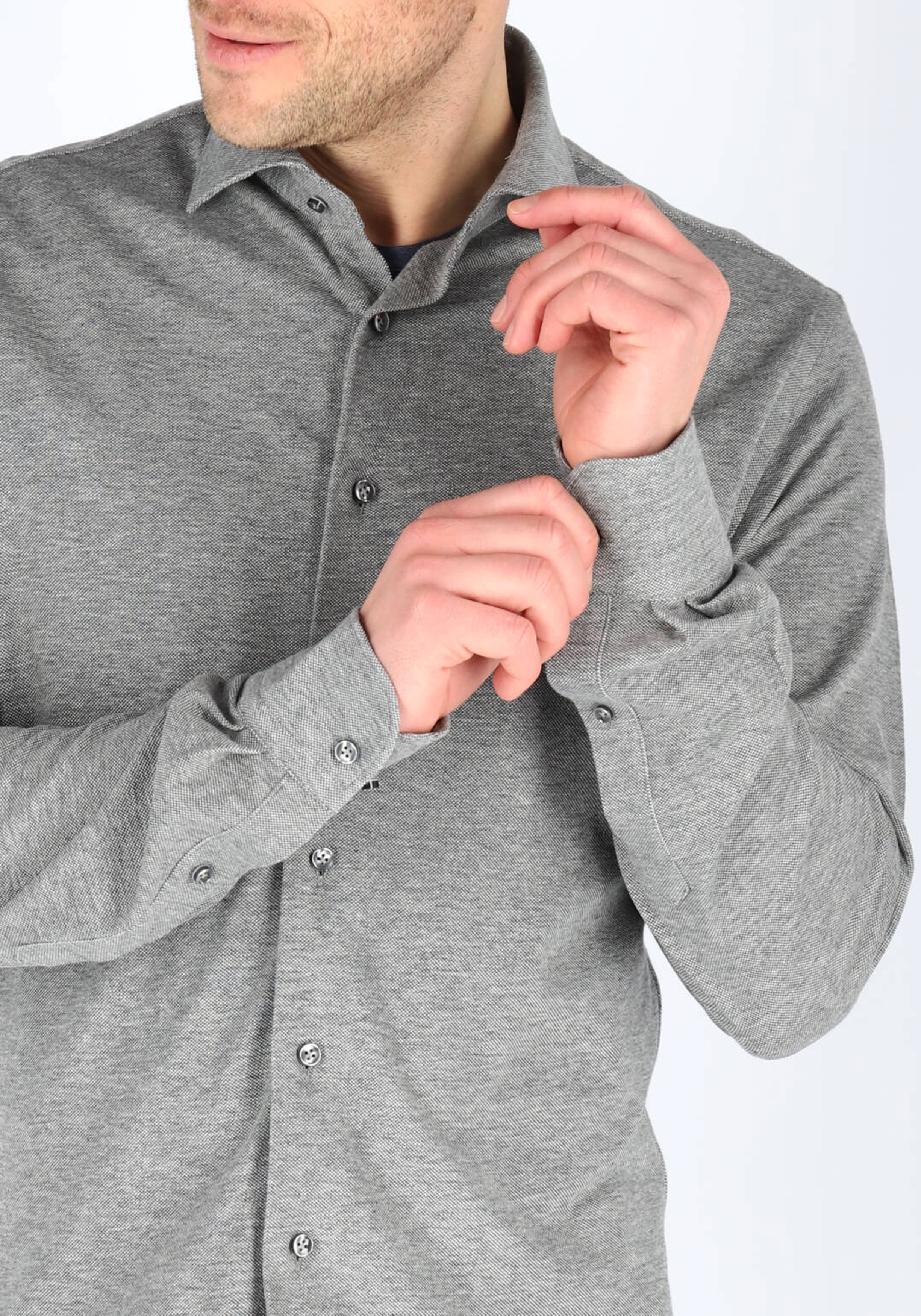 Profuomo slim fit jersey overhemd, knitted shirt pique, antraciet grijs melange