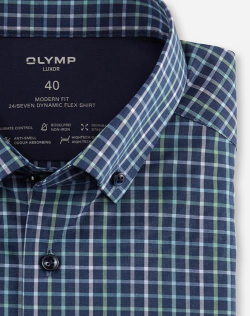 OLYMP Luxor 24/7 modern fit overhemd, korte mouw, Dynamic Flex, lichtgroen geruit