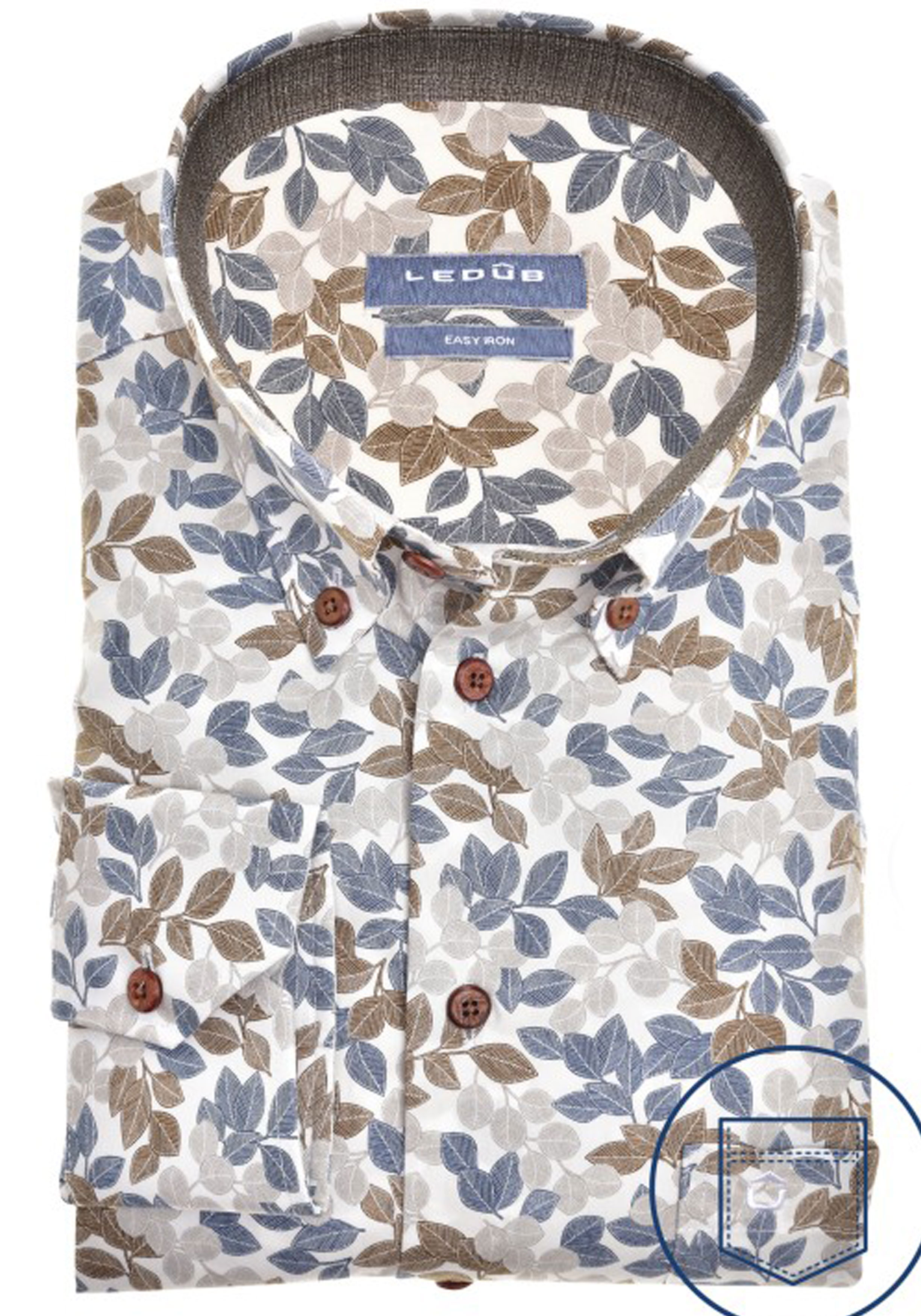 Ledub modern fit overhemd, wit met blauw en bruin dessin