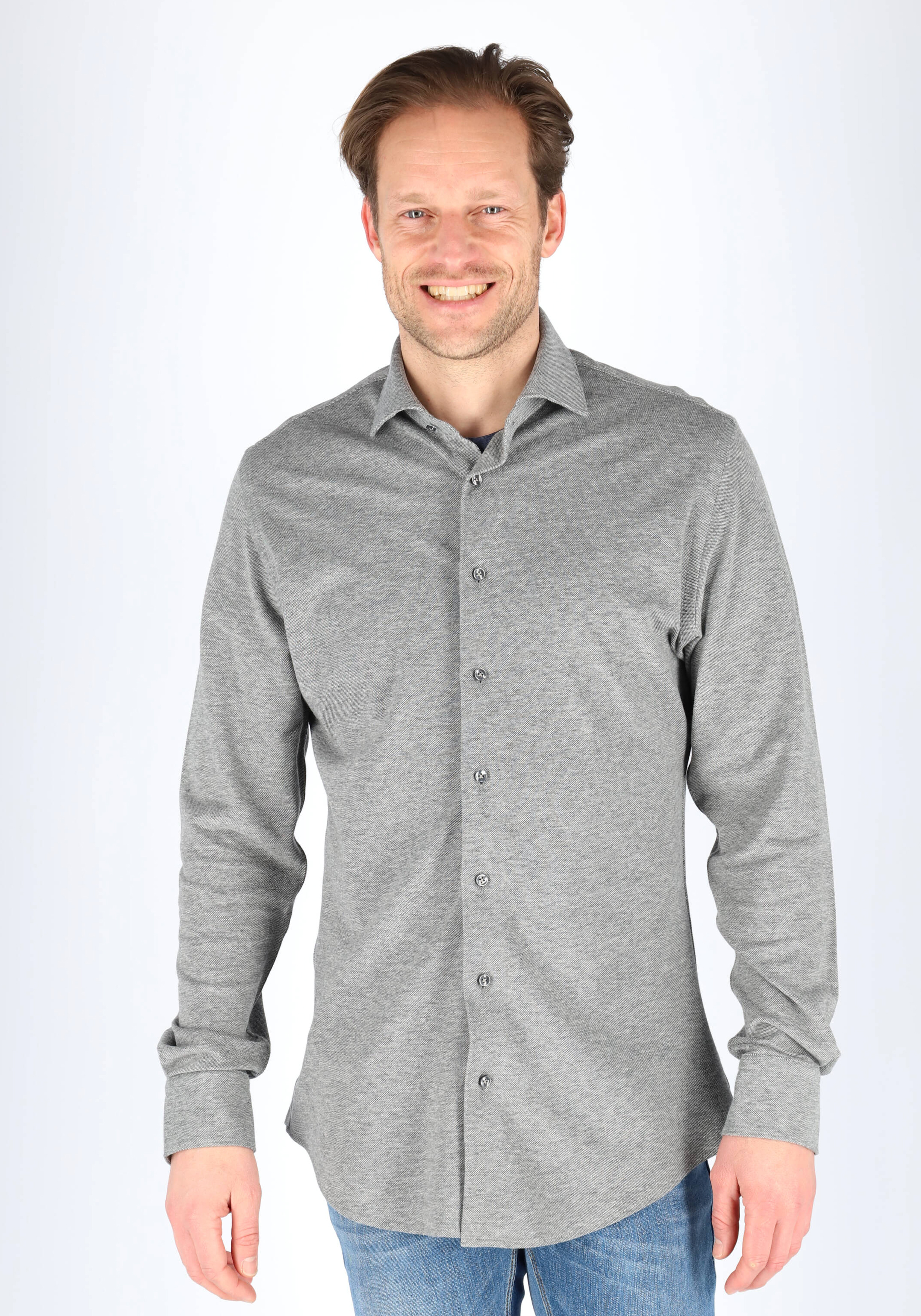 Profuomo slim fit jersey overhemd, knitted shirt pique, antraciet grijs melange