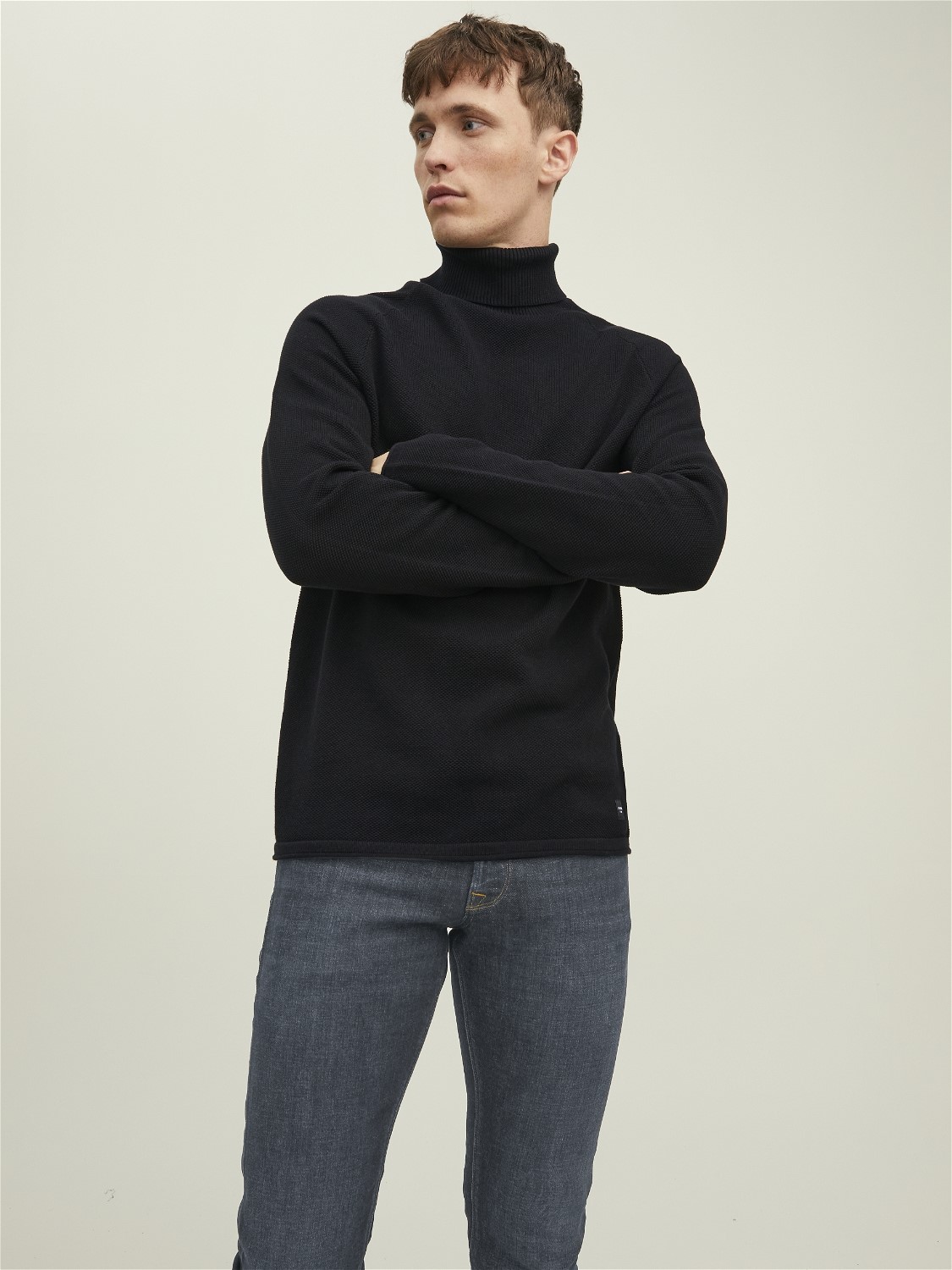JACK & JONES Hill knit roll neck slim fit, heren pullover katoen met col, zwart