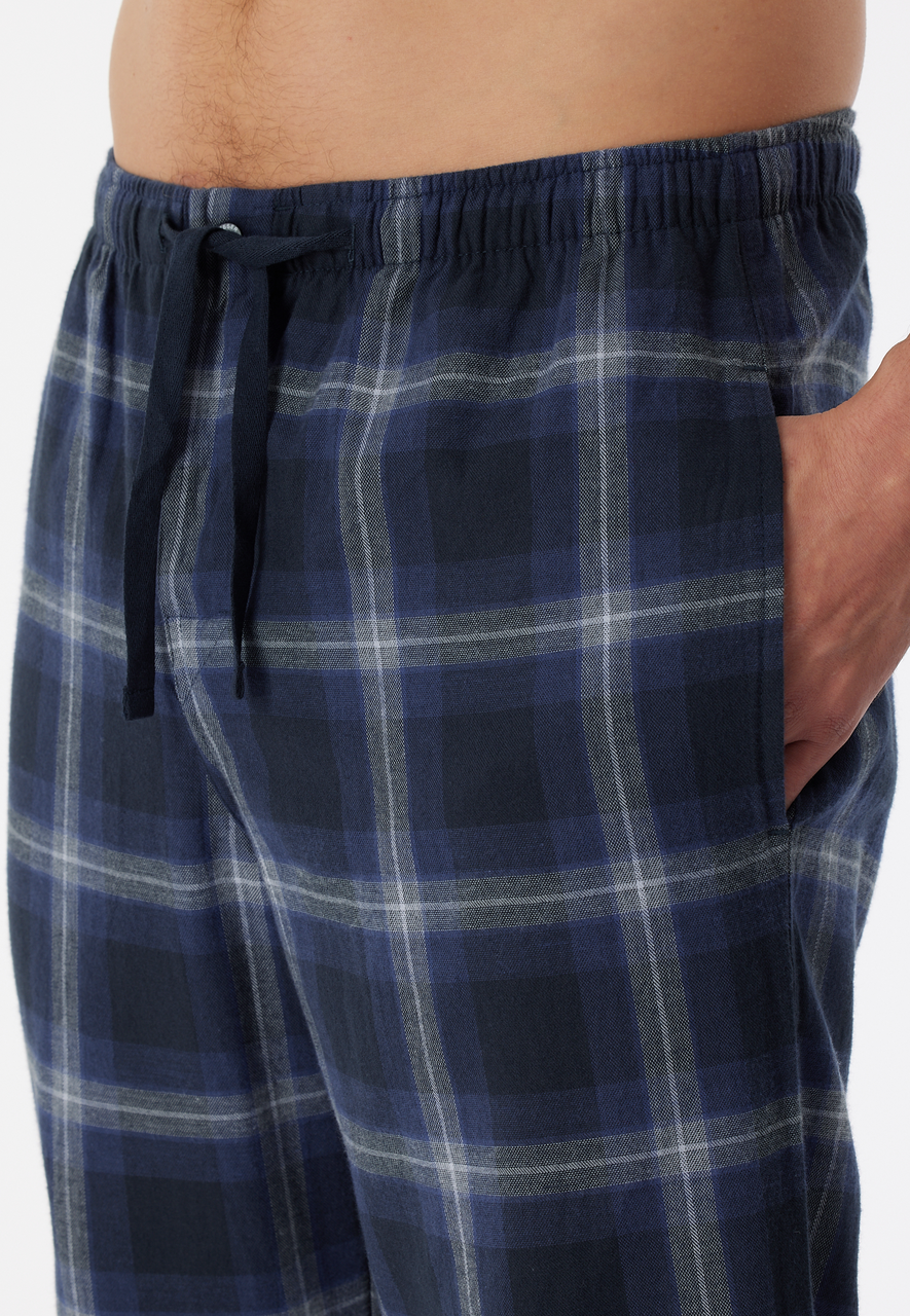 SCHIESSER Warming Nightwear pyjamaset, heren lange pyjama geweven stof biologisch katoen knoopsluiting geruit nachtblauw