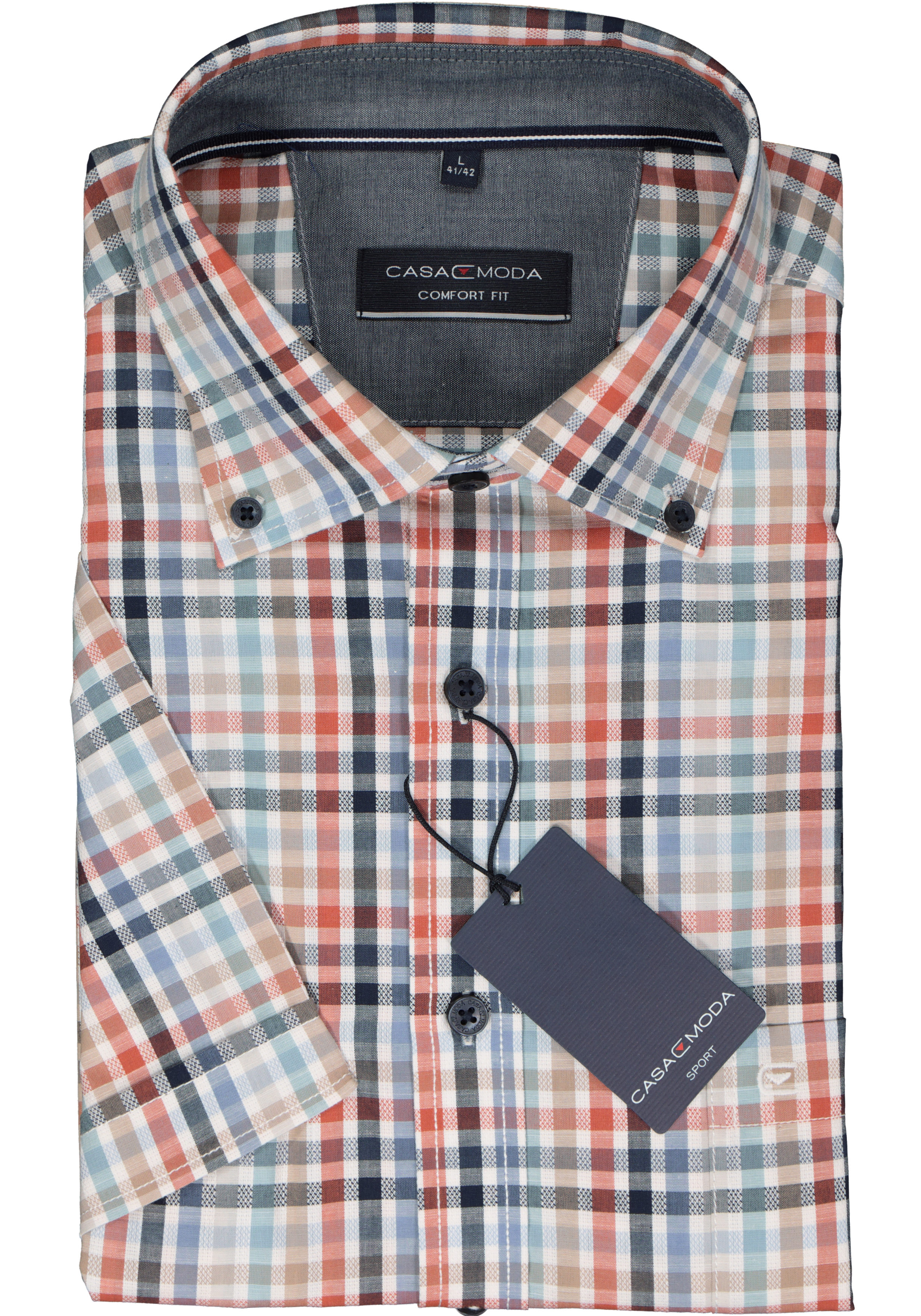CASA MODA Sport comfort fit overhemd, korte mouw, popeline, wit met blauw en oranje geruit