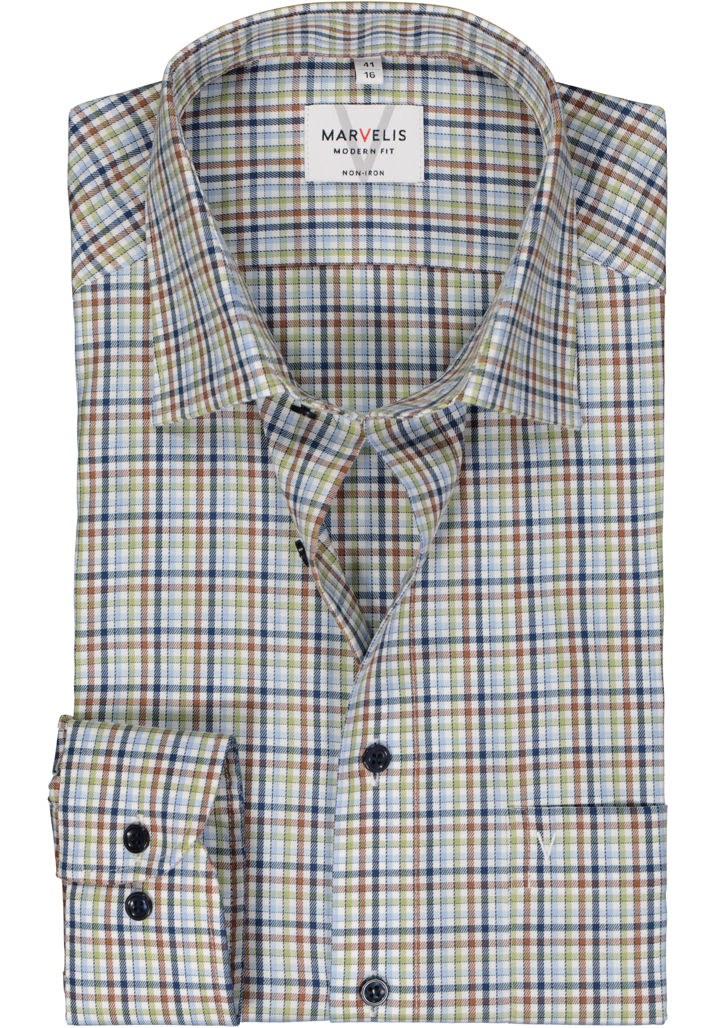 MARVELIS modern fit overhemd, twill, blauw, groen, wit en bruin geruit