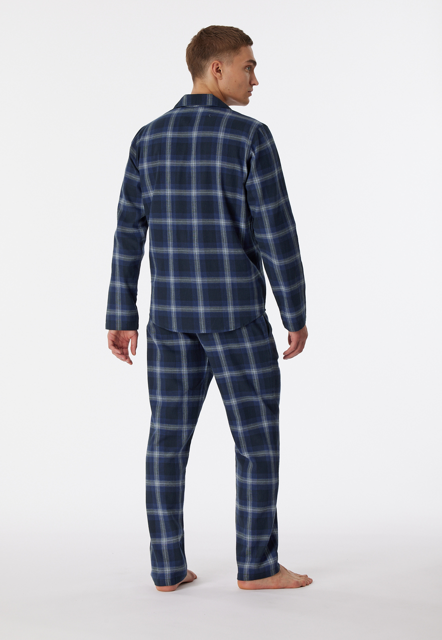SCHIESSER Warming Nightwear pyjamaset, heren lange pyjama geweven stof biologisch katoen knoopsluiting geruit nachtblauw