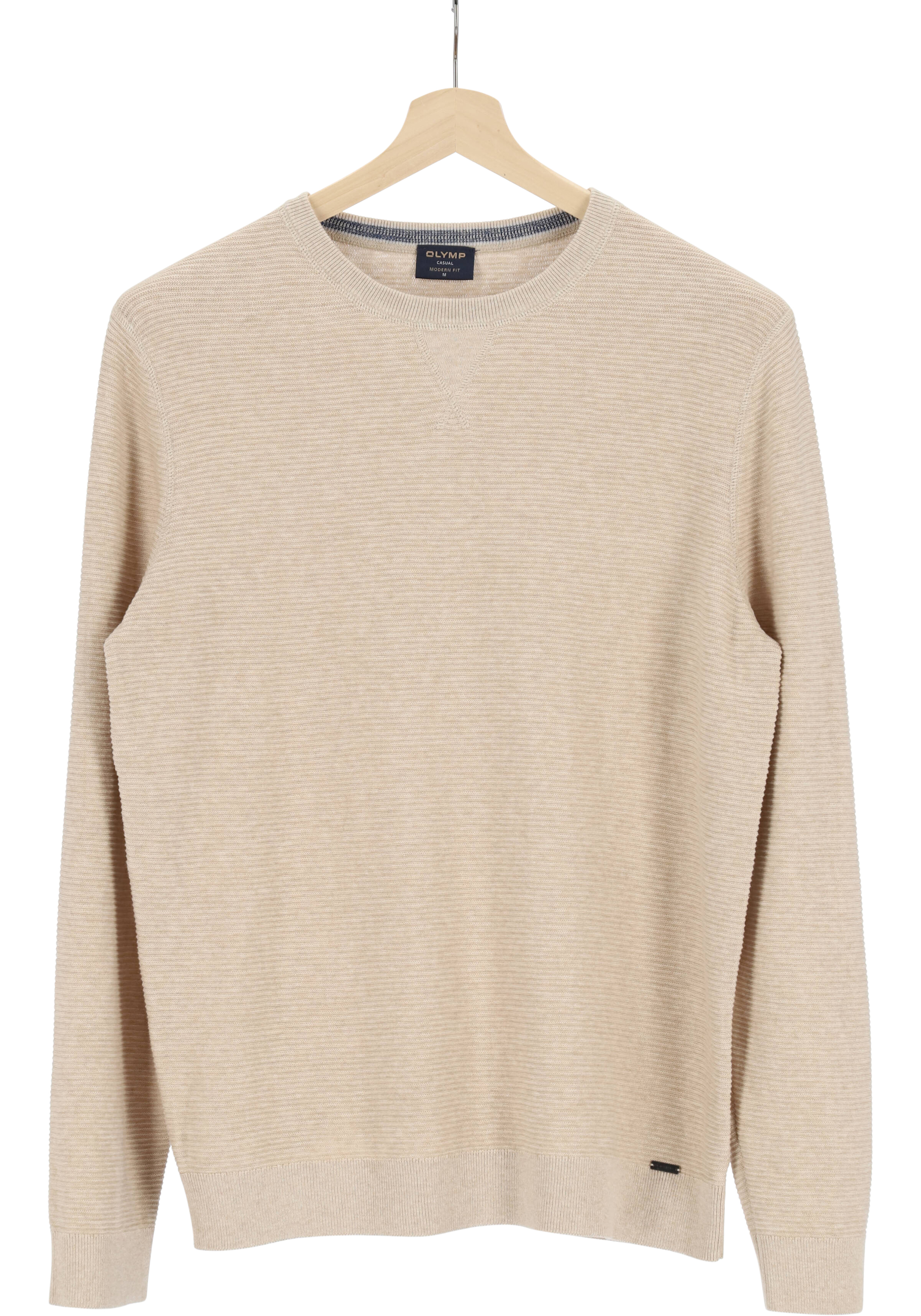 OLYMP modern fit trui katoen, structuur, O-hals, beige