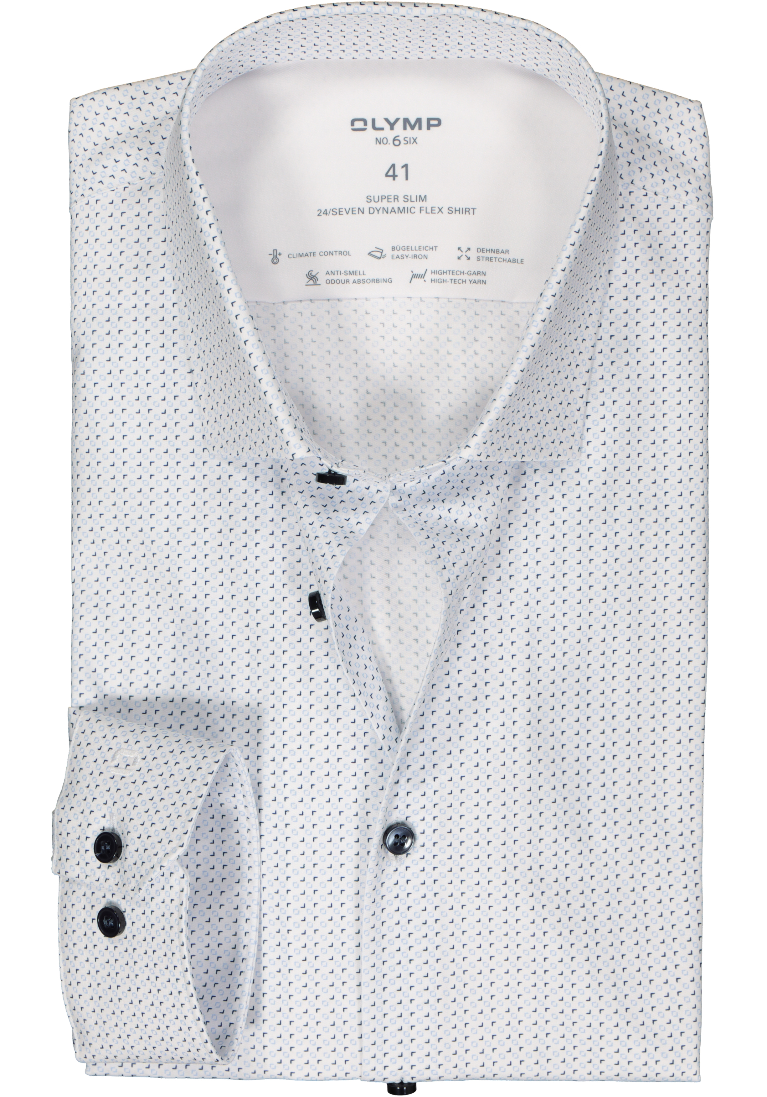 OLYMP 24/7 No. 6 Six super slim fit overhemd, popeline, wit met blauw dessin