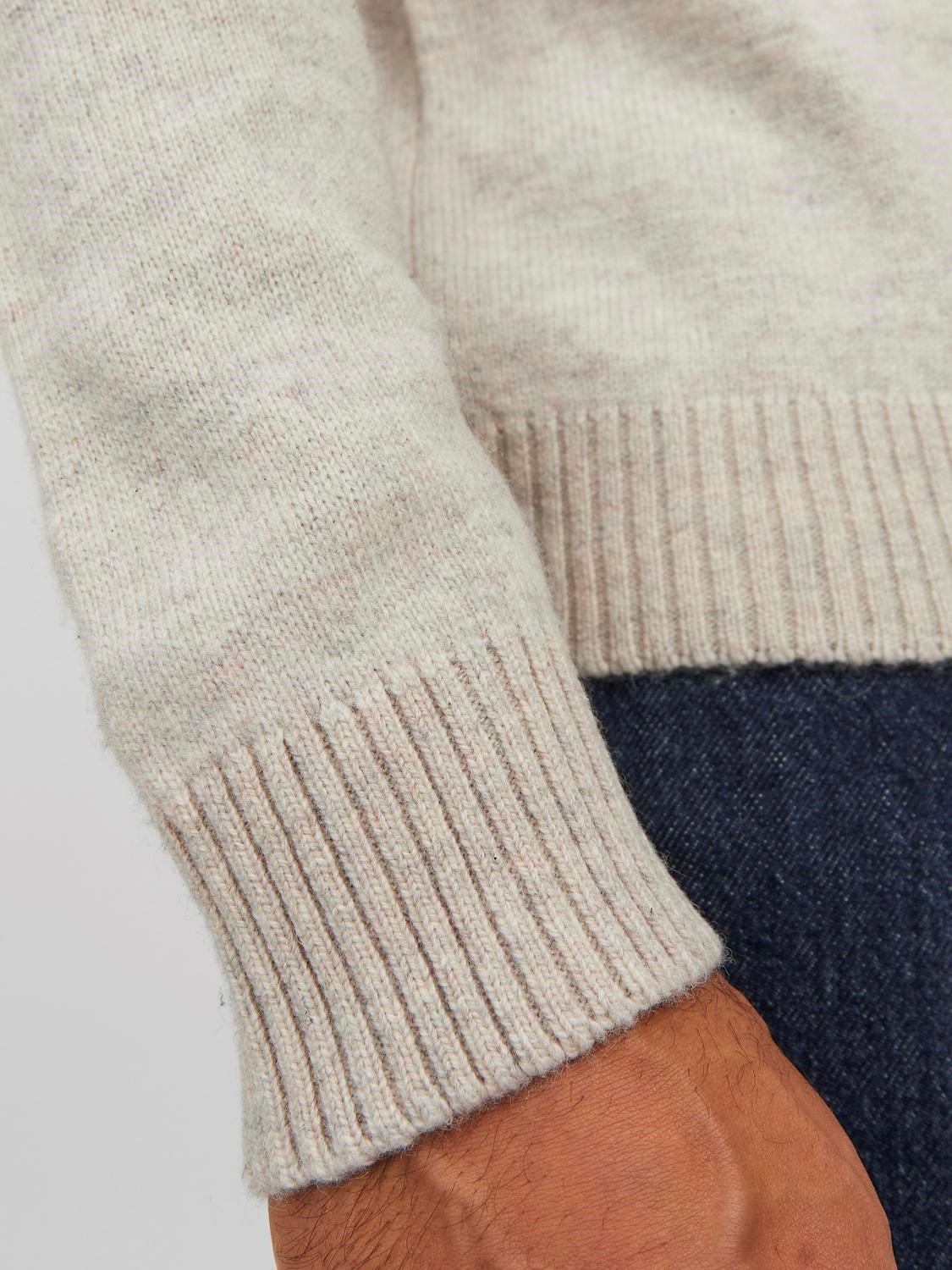 JACK & JONES Lambswool knit crew neck slim fit, heren pullover wol met O-hals, zandkleur melange